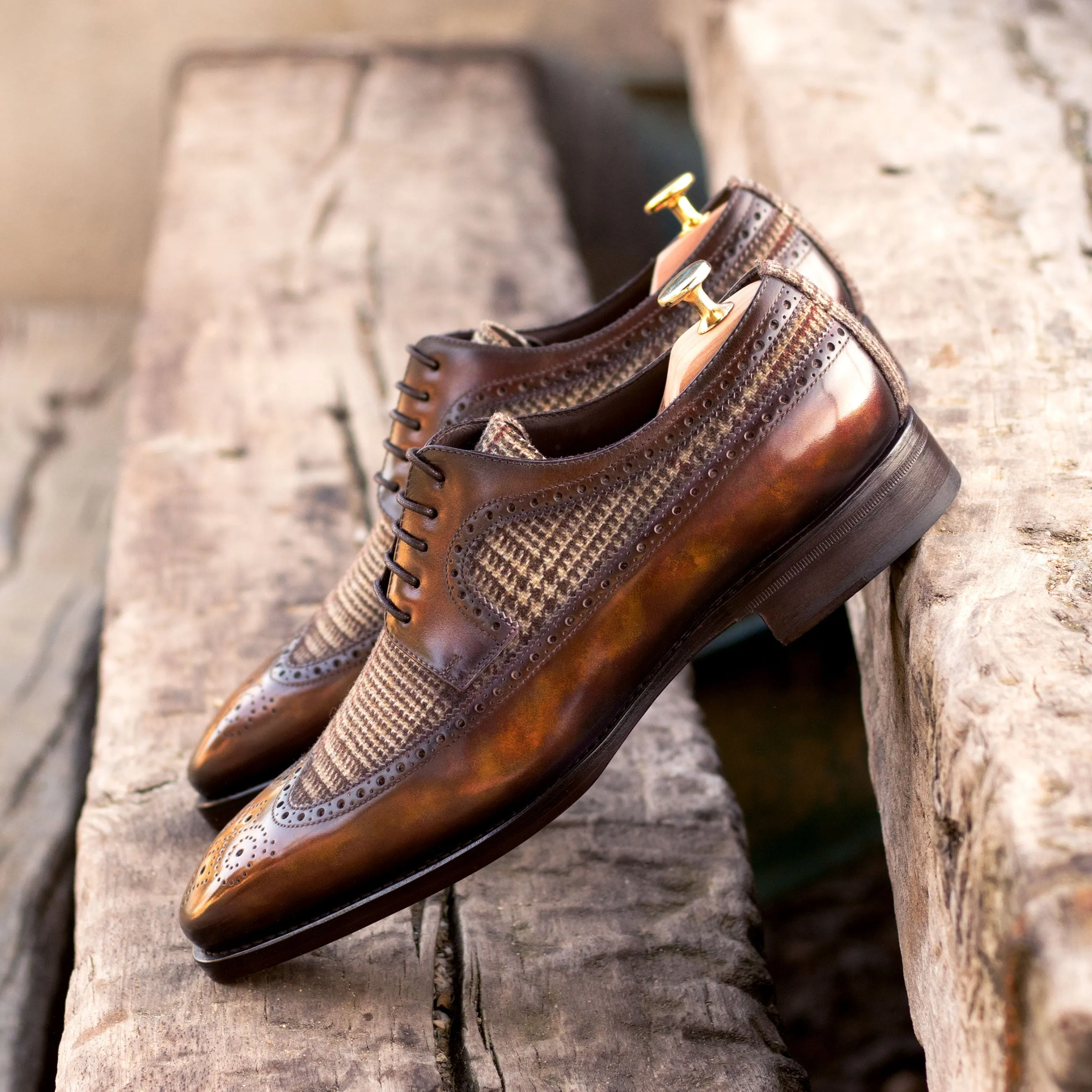 DapperFam Zephyr in Tweed / Fire Men's Sartorial & Hand-Painted Patina Longwing Blucher