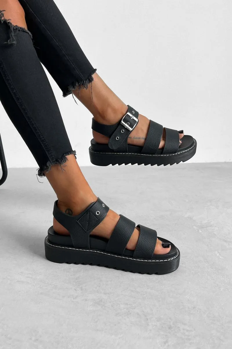 DEFENDER Chunky Buckle Sandals - Black PU