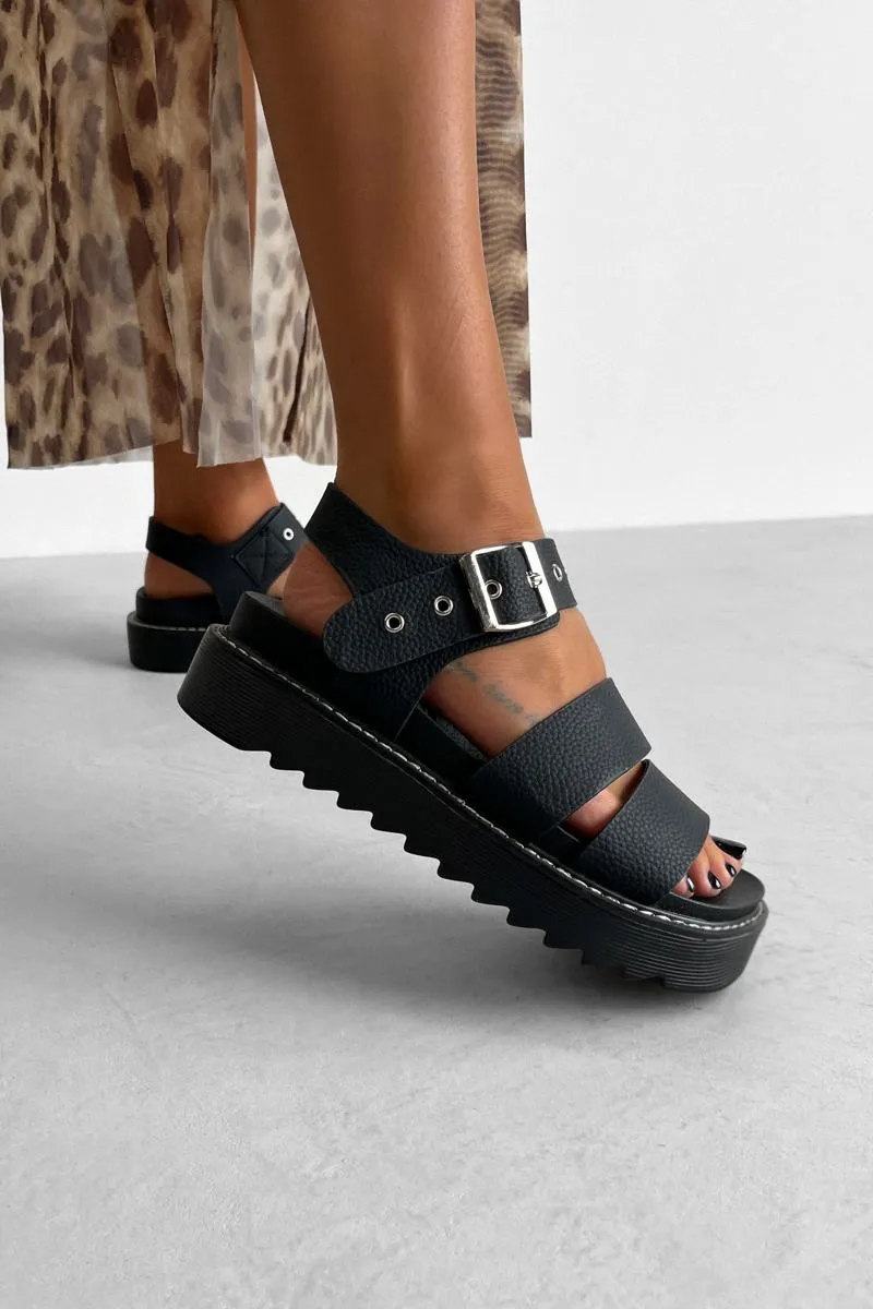DEFENDER Chunky Buckle Sandals - Black PU