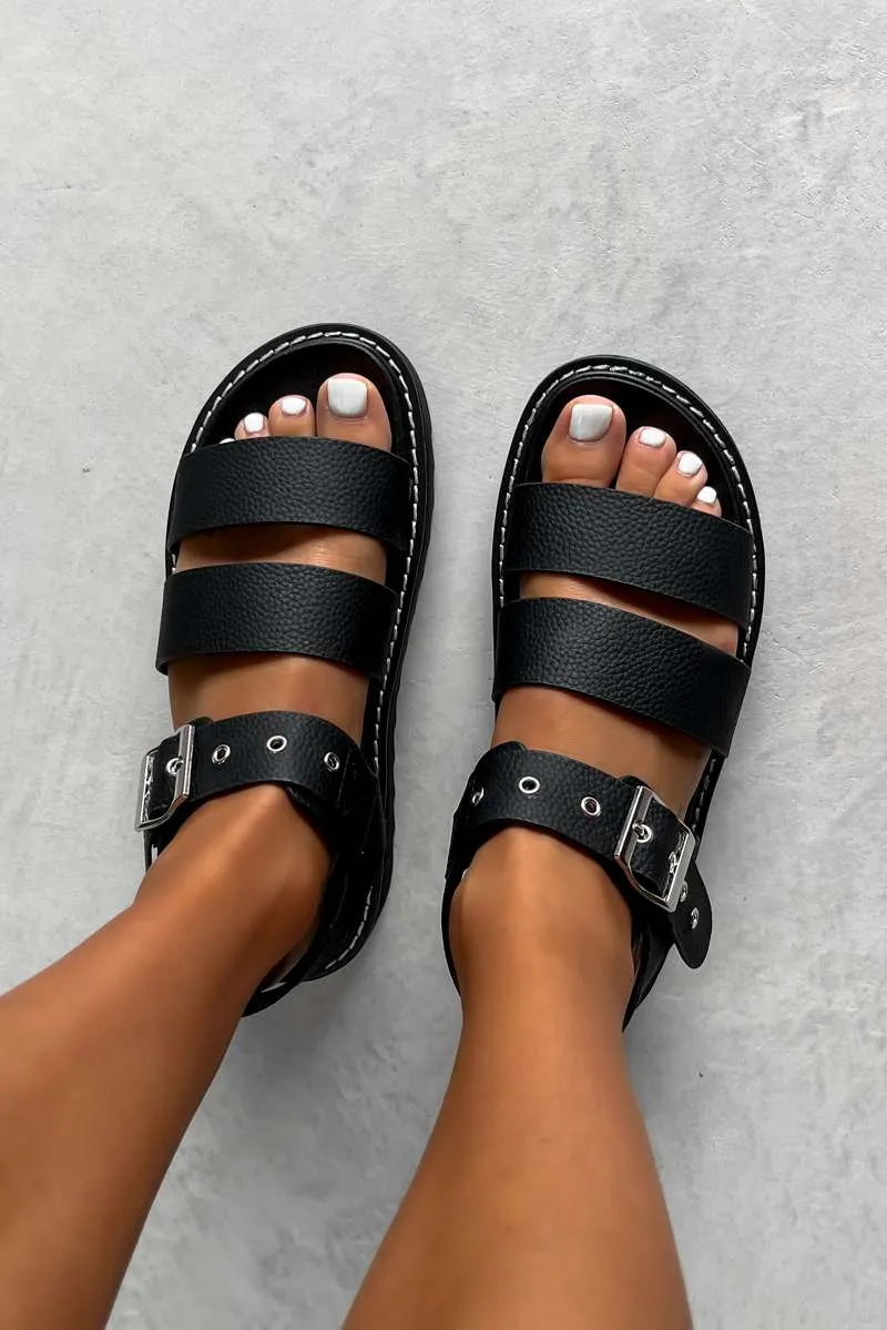DEFENDER Chunky Buckle Sandals - Black PU