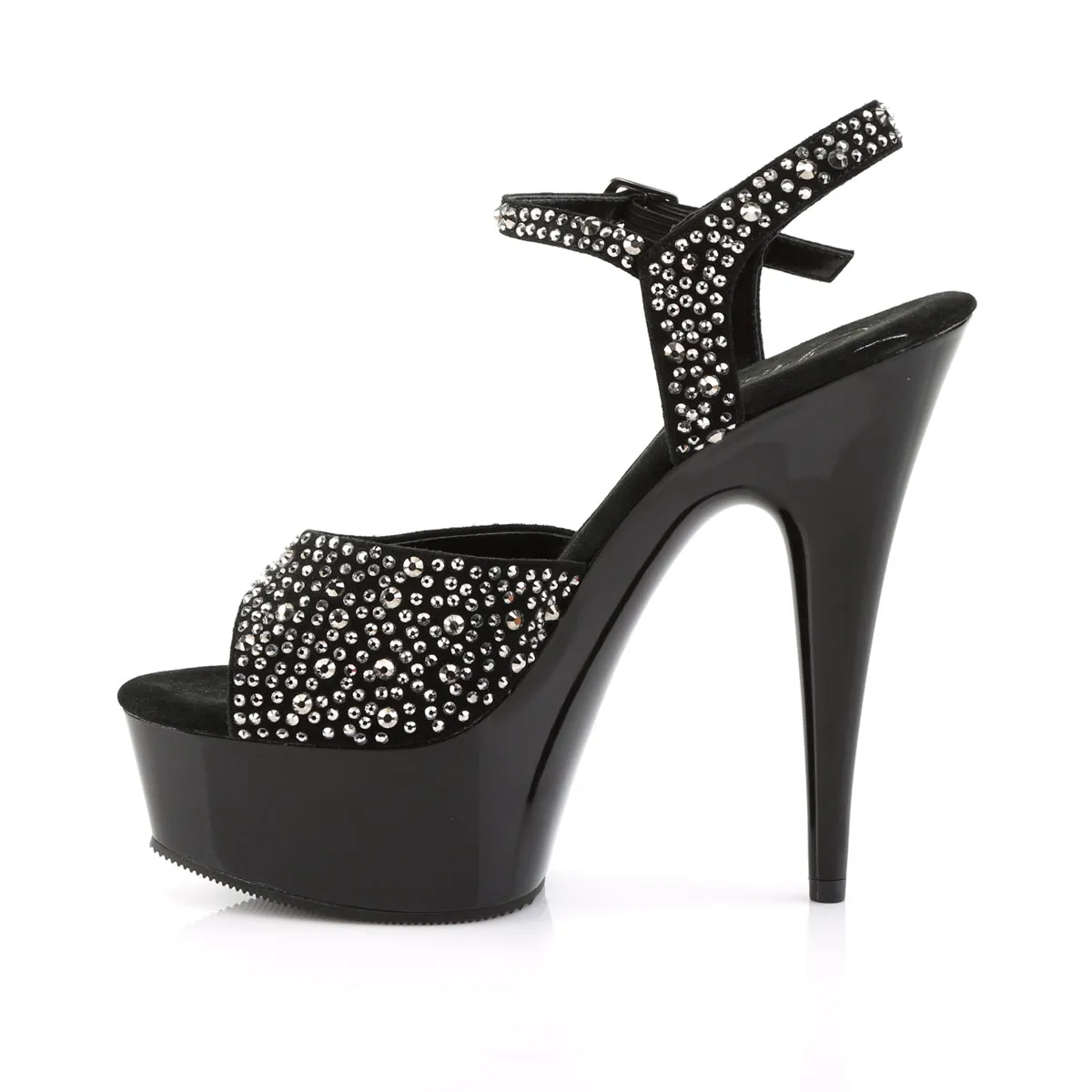 Delight 609RS Black Suede / Pewter Rhinestone 6" High Heel Ankle Strap Sandals - Direct