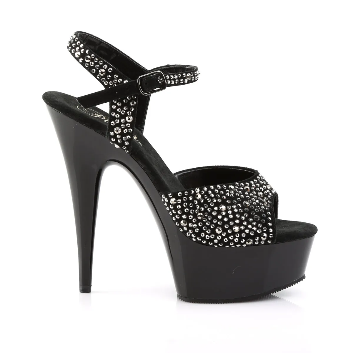 Delight 609RS Black Suede / Pewter Rhinestone 6" High Heel Ankle Strap Sandals - Direct