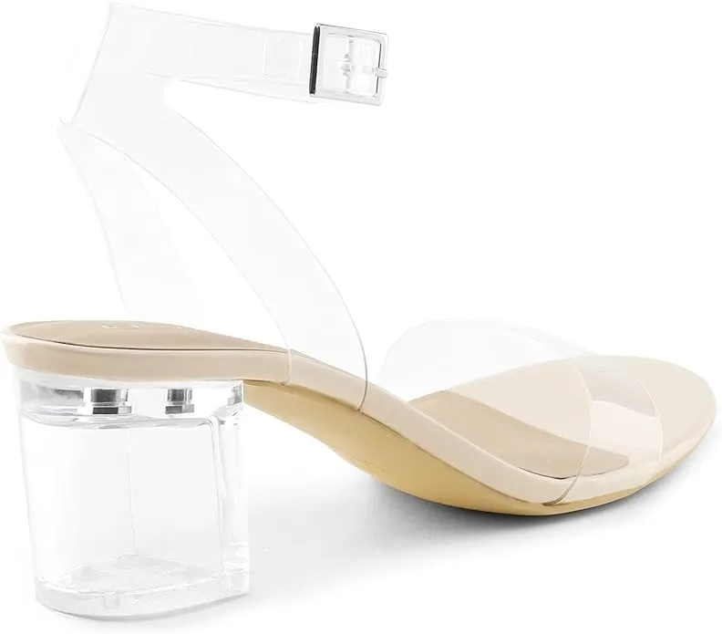 Dream Pairs Carnival Nude/Clear Open Toe Ankle Strap Low Block Heeled Sandals