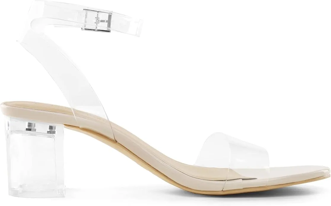Dream Pairs Carnival Nude/Clear Open Toe Ankle Strap Low Block Heeled Sandals