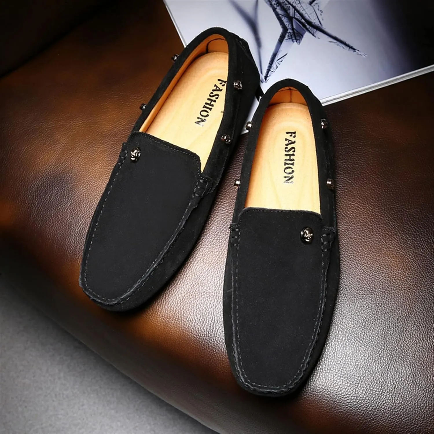 Driving Moccasins for Men Suede Vamp with Rivet Stitching Details Genuine Leather Round Toe Flat Heel Flexible Soft Resistant Driving Slip On for Any Attire