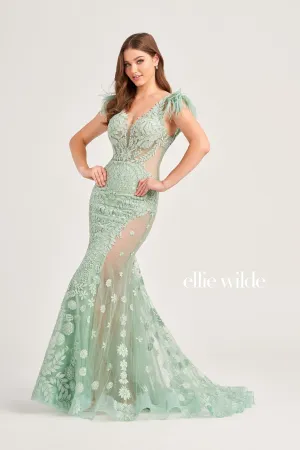 Ellie Wilde EW35009 Long Sheer Crystal Lace Feather Formal Evening Gown Backless V Neck