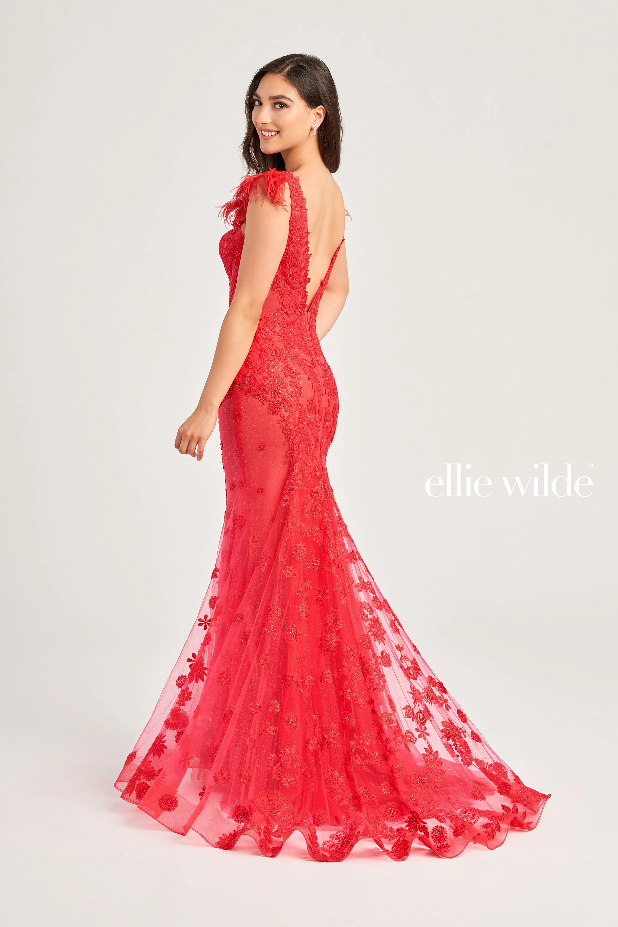 Ellie Wilde EW35009 Long Sheer Crystal Lace Feather Formal Evening Gown Backless V Neck