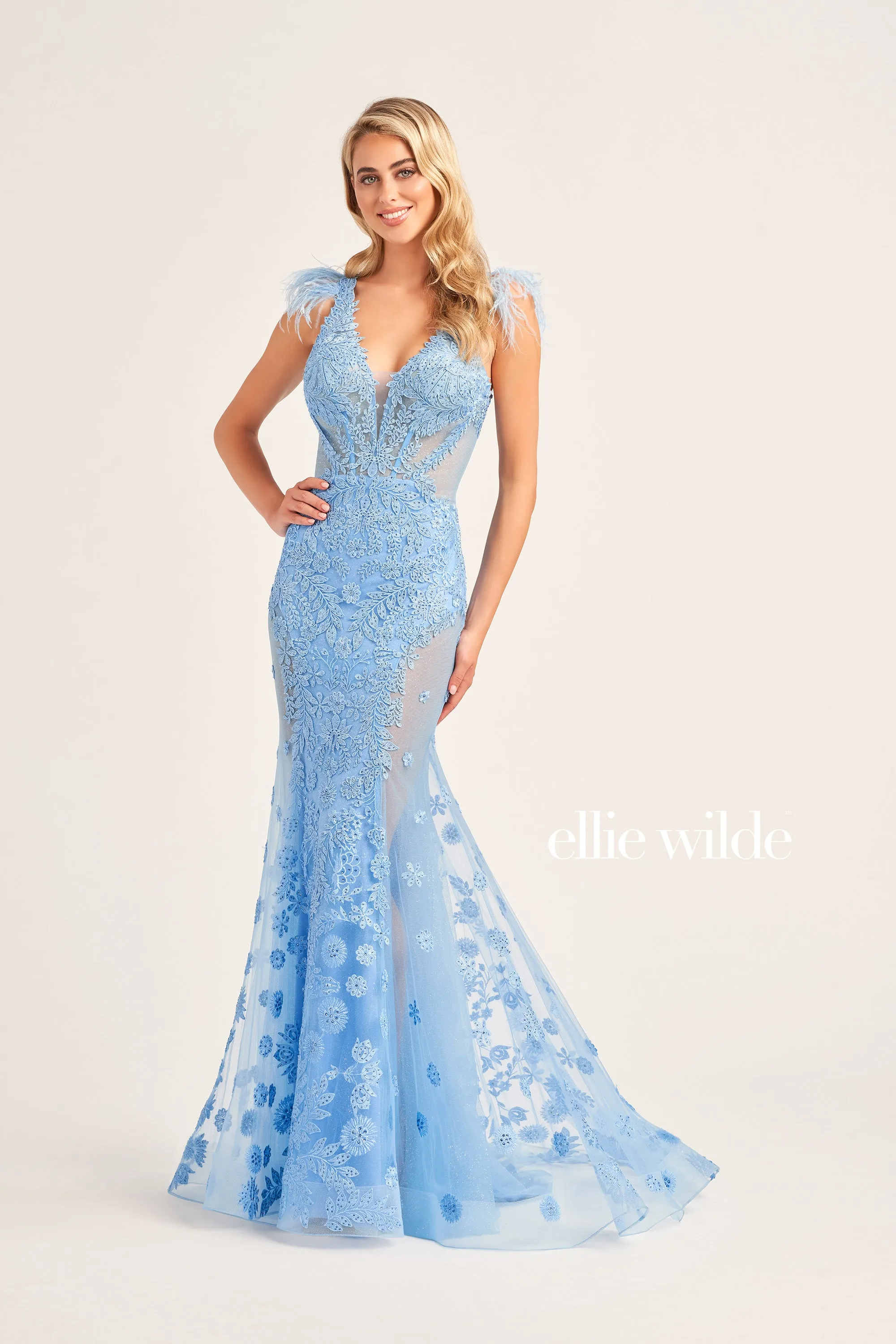 Ellie Wilde EW35009 Long Sheer Crystal Lace Feather Formal Evening Gown Backless V Neck