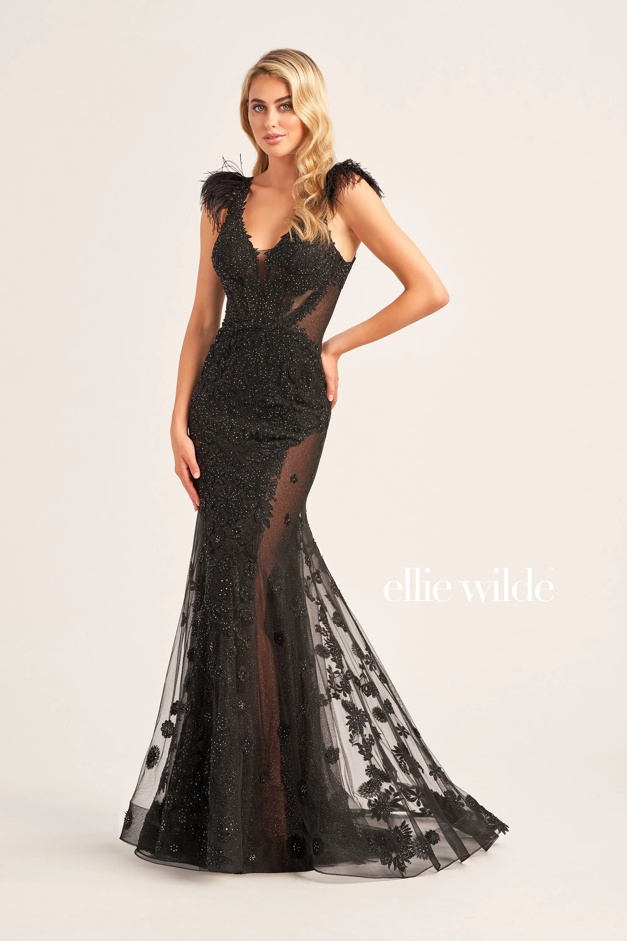 Ellie Wilde EW35009 Long Sheer Crystal Lace Feather Formal Evening Gown Backless V Neck