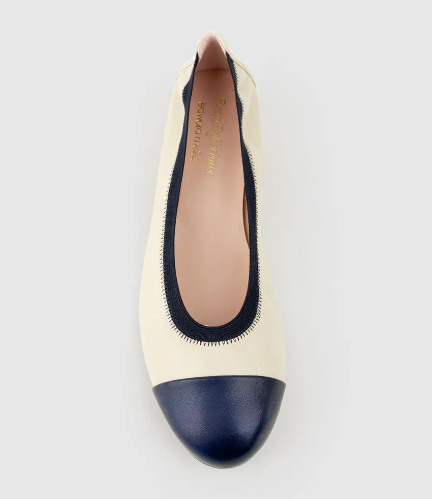 ELSIE Cap Toe Elastic Throat Ballet in Offwhite & Navy
