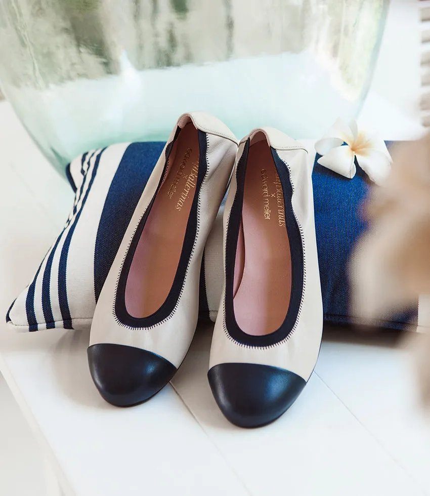 ELSIE Cap Toe Elastic Throat Ballet in Offwhite & Navy
