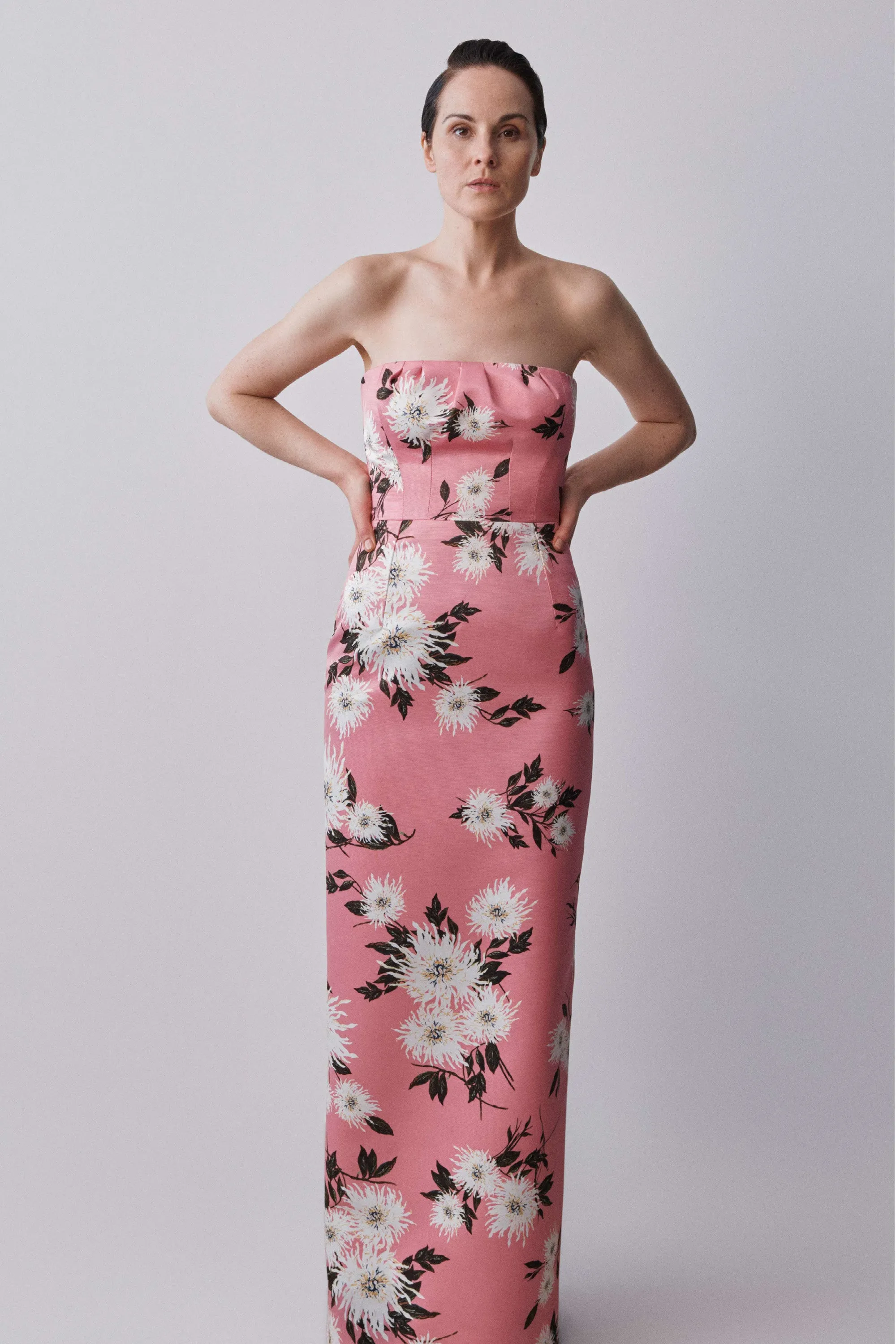 Emine Gown In Pink Dahlia Floral Print Taffeta Faille