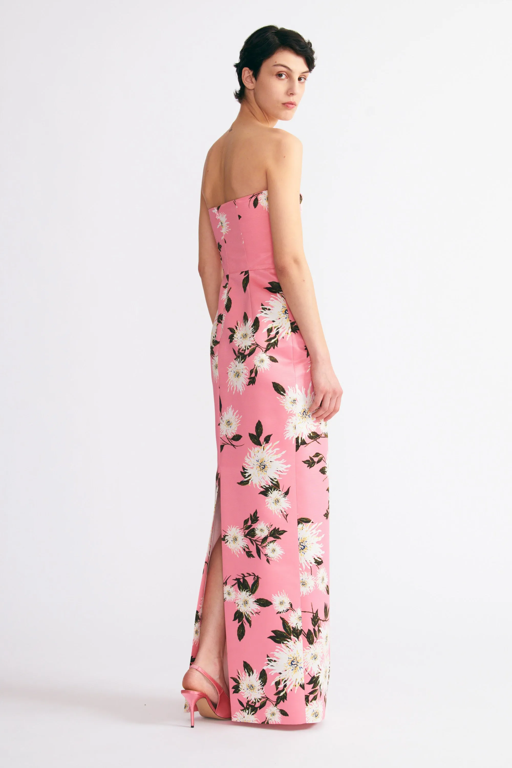 Emine Gown In Pink Dahlia Floral Print Taffeta Faille
