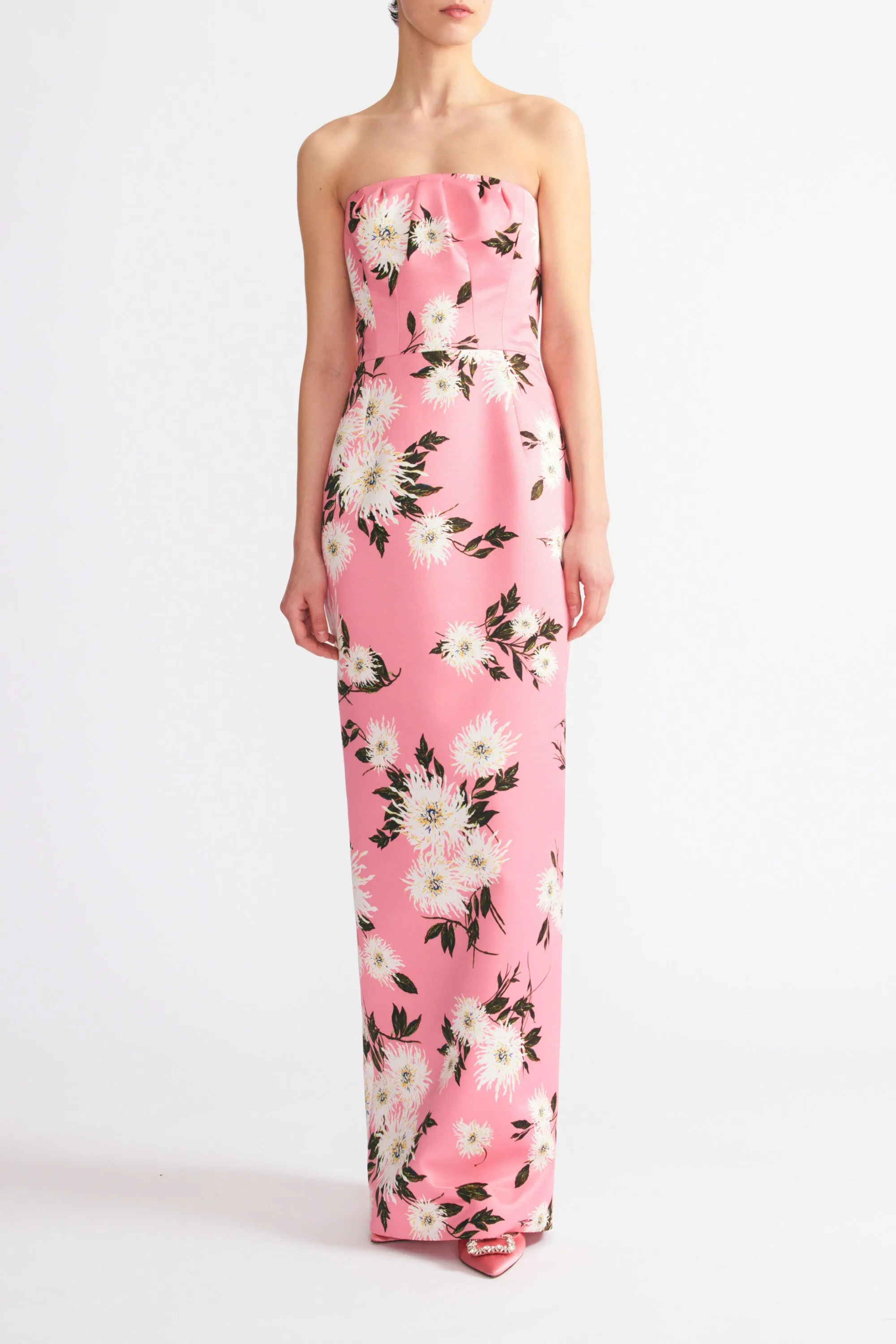 Emine Gown In Pink Dahlia Floral Print Taffeta Faille