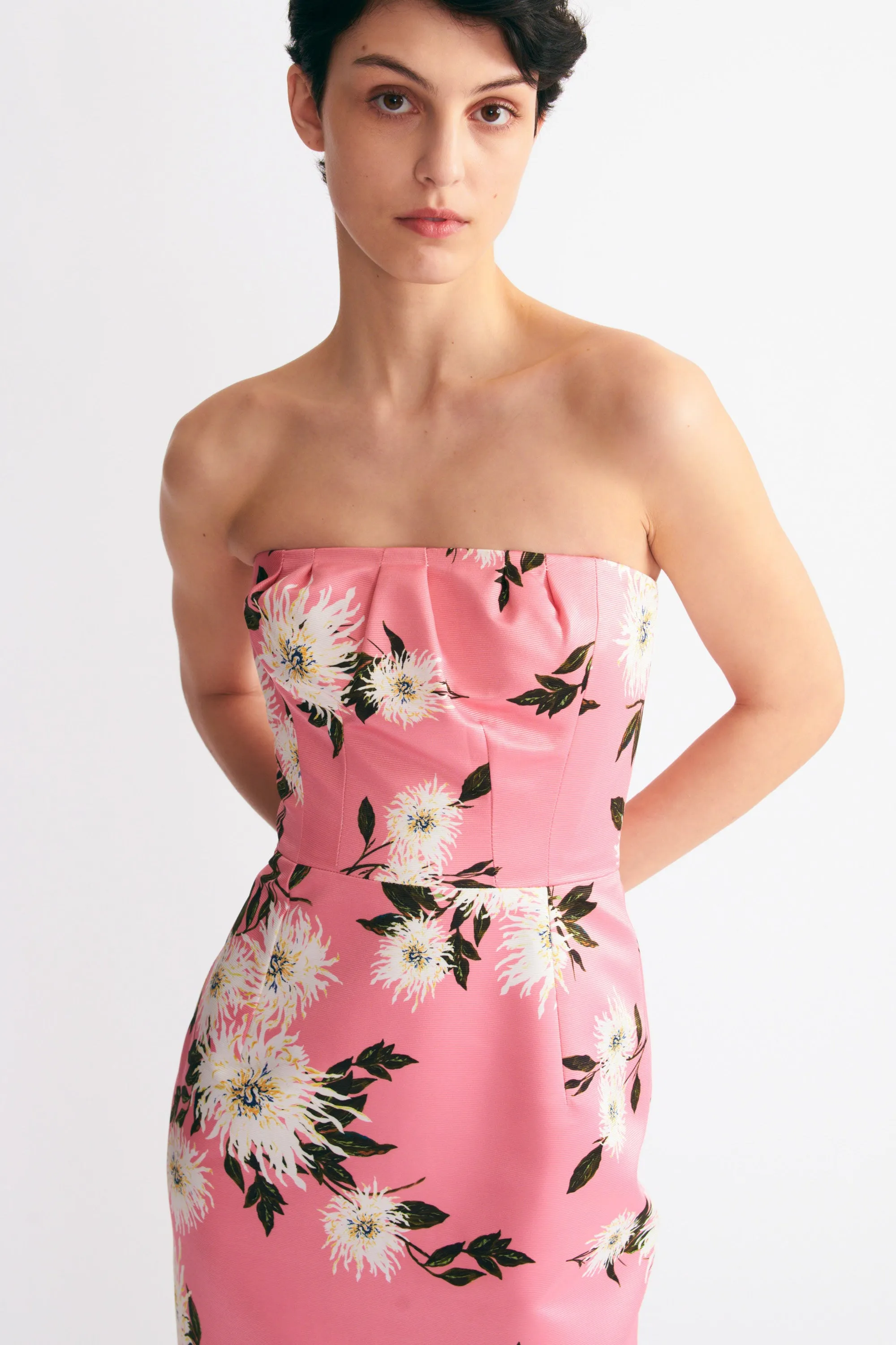 Emine Gown In Pink Dahlia Floral Print Taffeta Faille