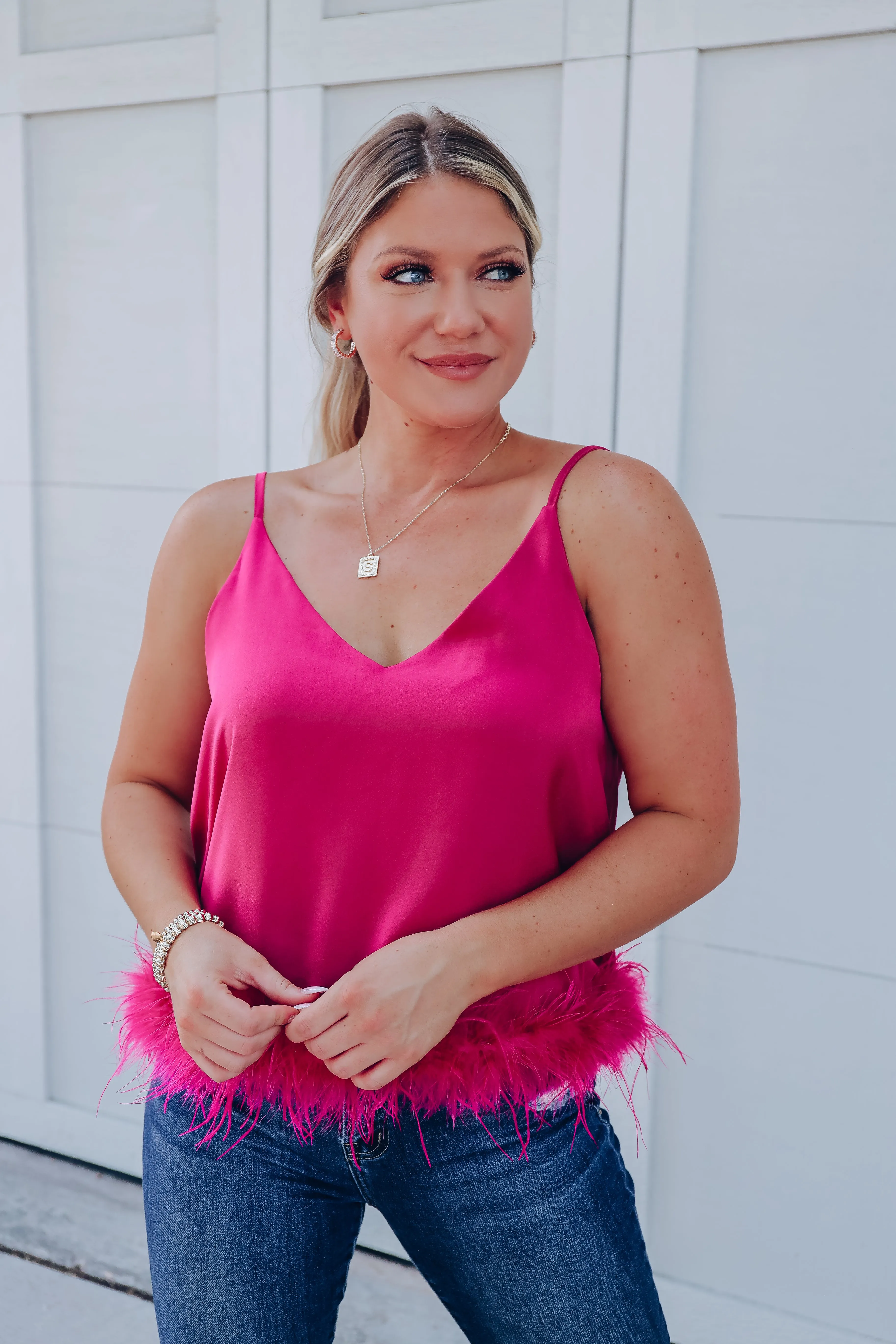 Expensive Taste Feather Trim Cami Top - Pink