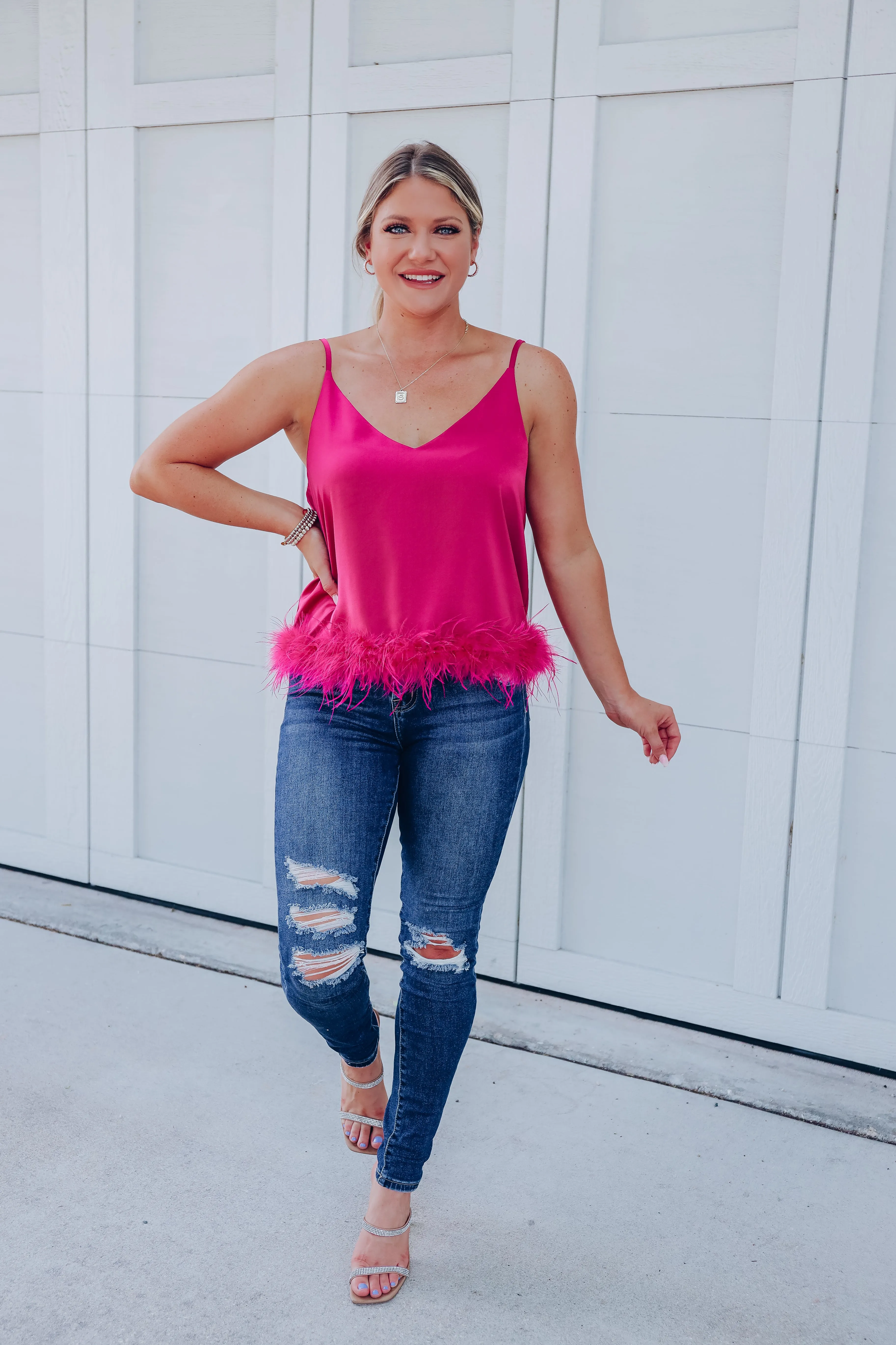 Expensive Taste Feather Trim Cami Top - Pink