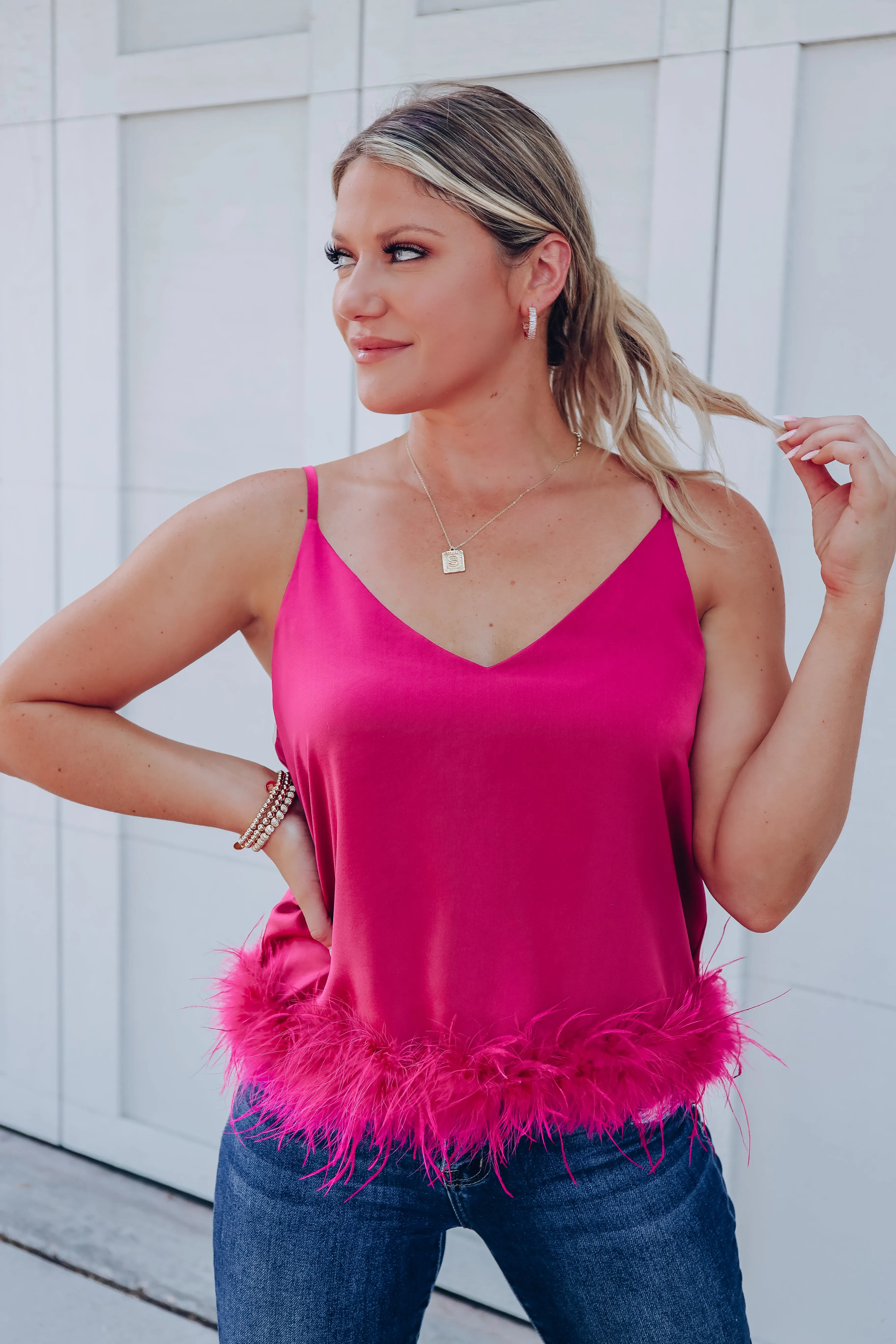Expensive Taste Feather Trim Cami Top - Pink