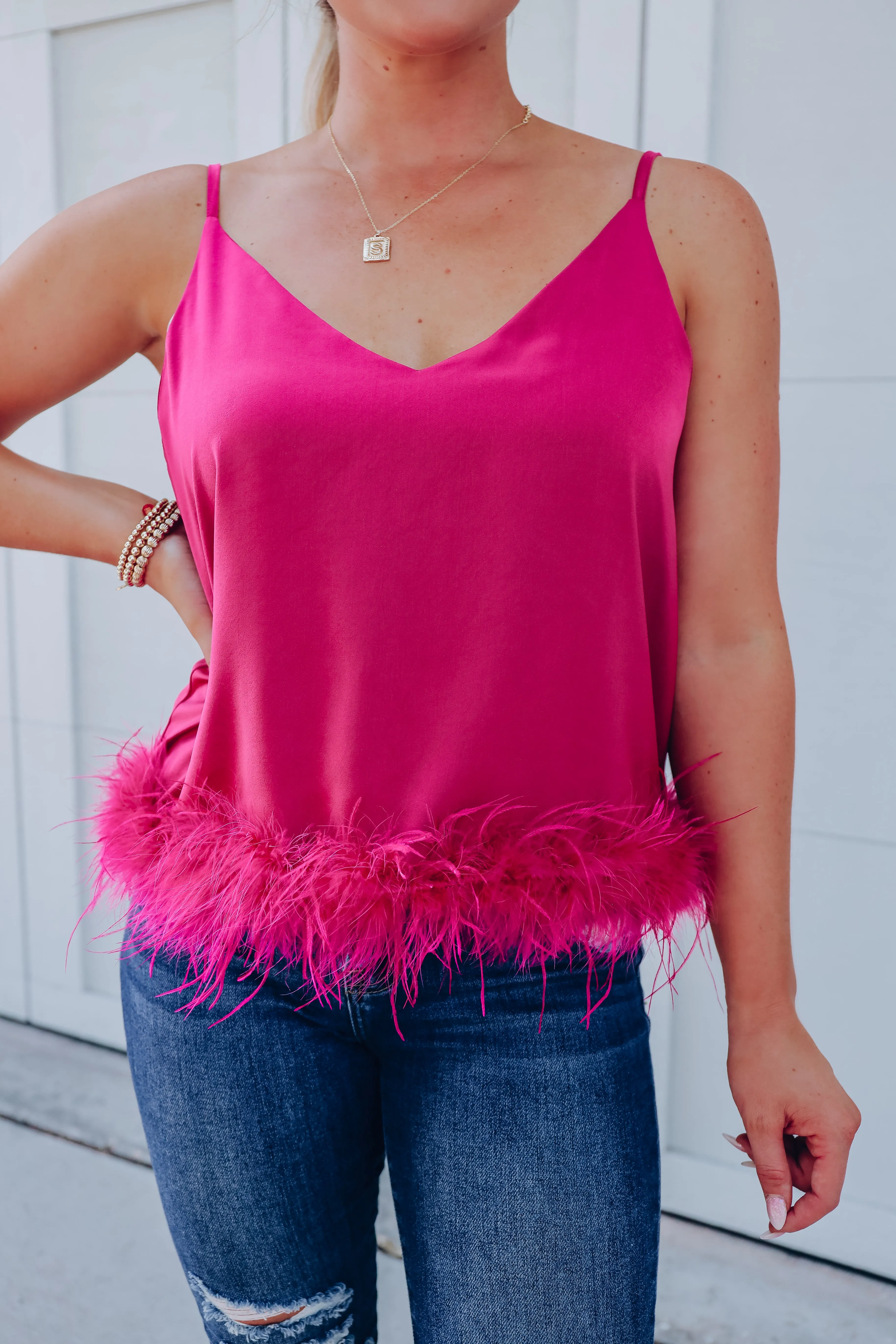 Expensive Taste Feather Trim Cami Top - Pink