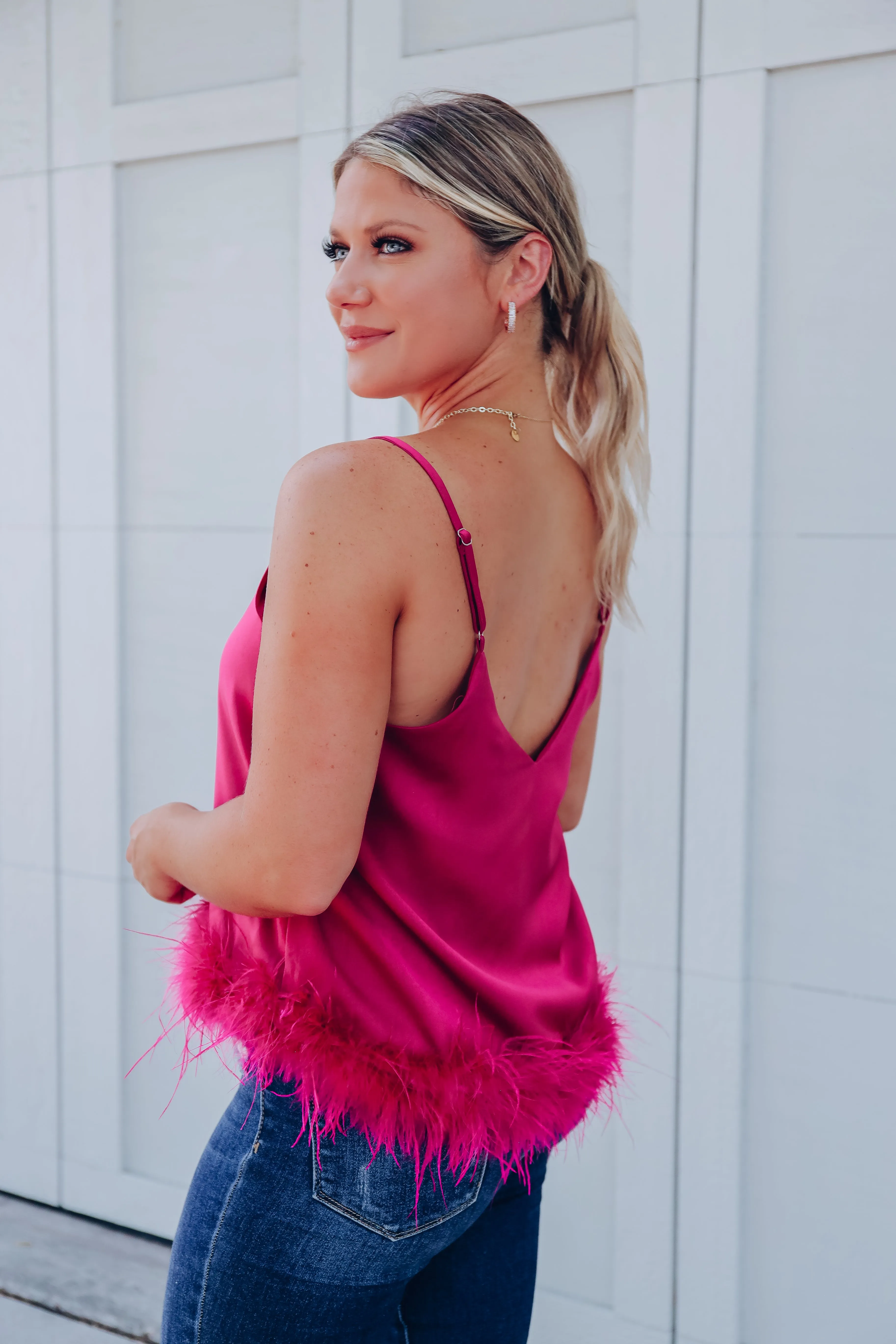 Expensive Taste Feather Trim Cami Top - Pink