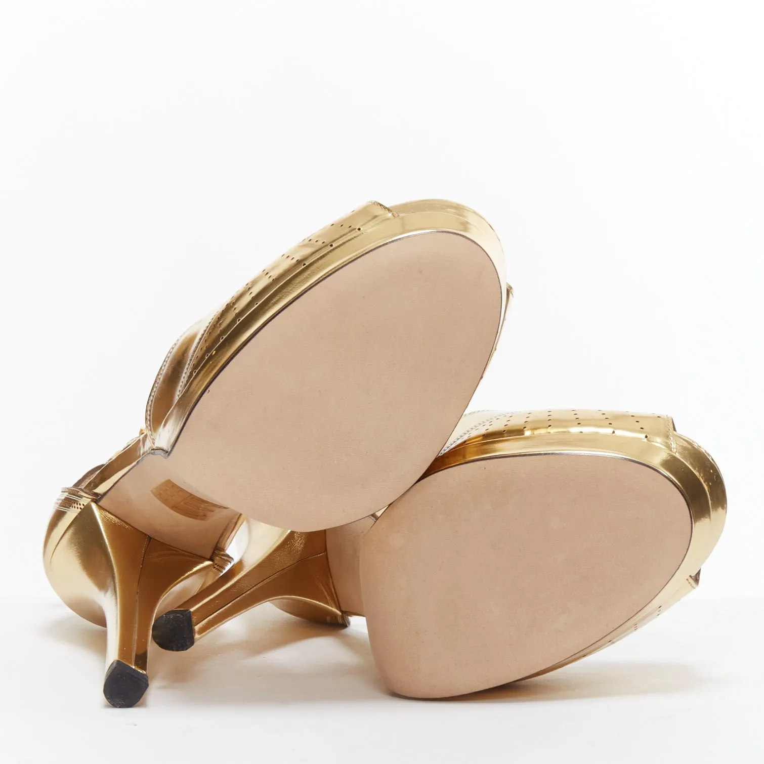 FENDI Flo metallic gold leather perforated tstrap peep toe platforms EU38