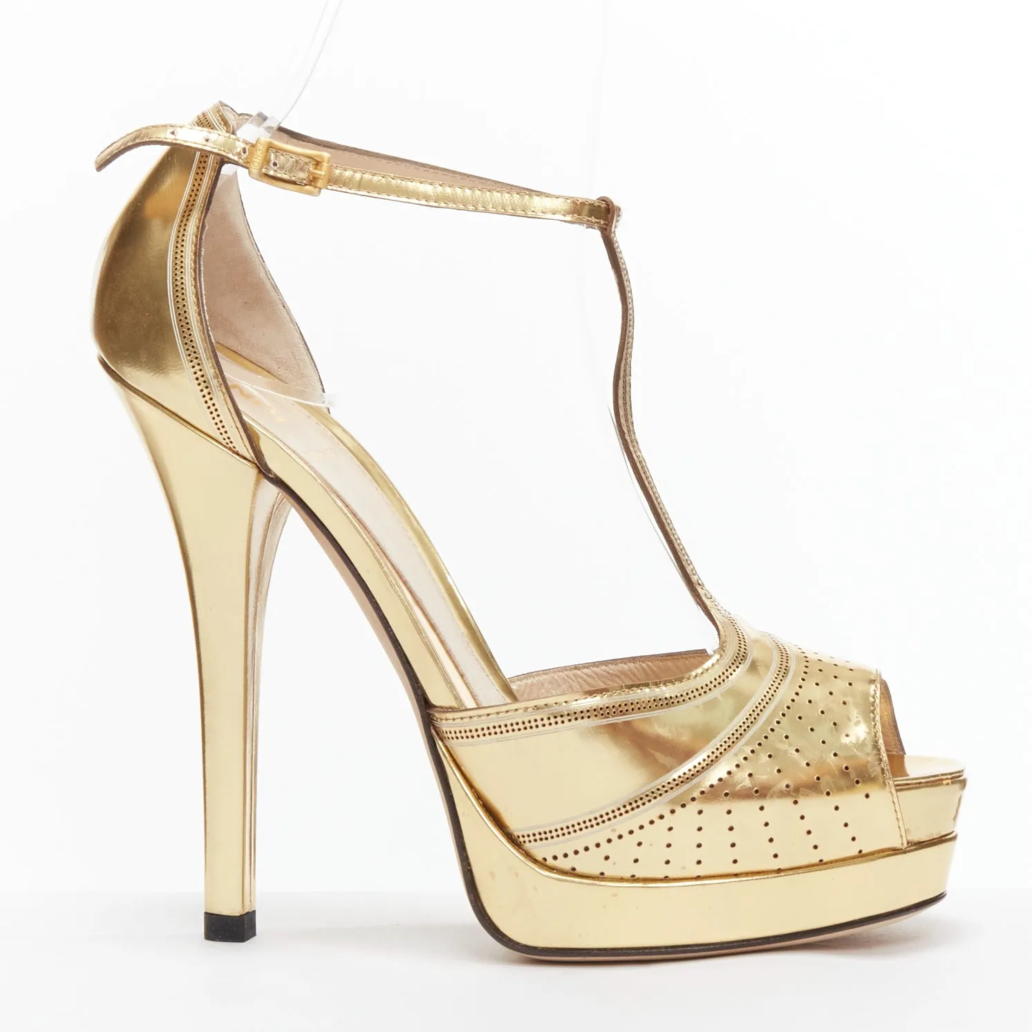 FENDI Flo metallic gold leather perforated tstrap peep toe platforms EU38