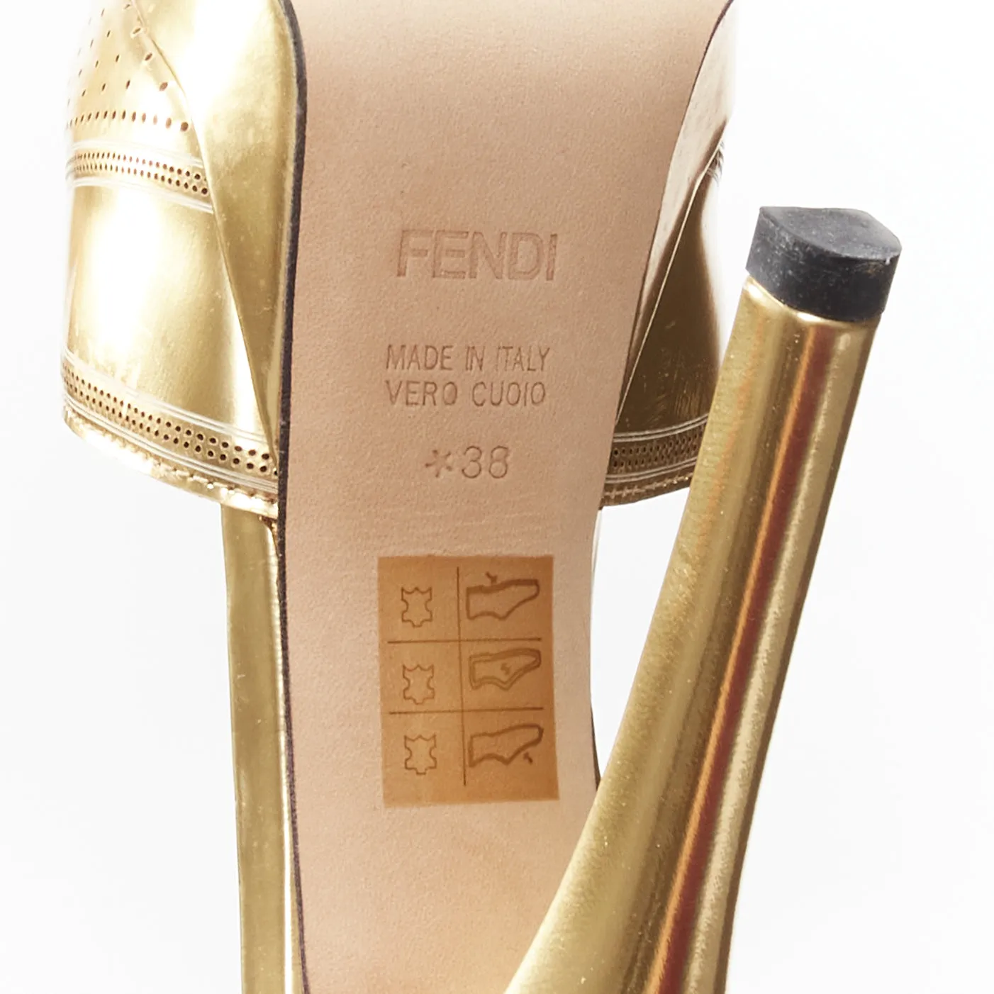 FENDI Flo metallic gold leather perforated tstrap peep toe platforms EU38