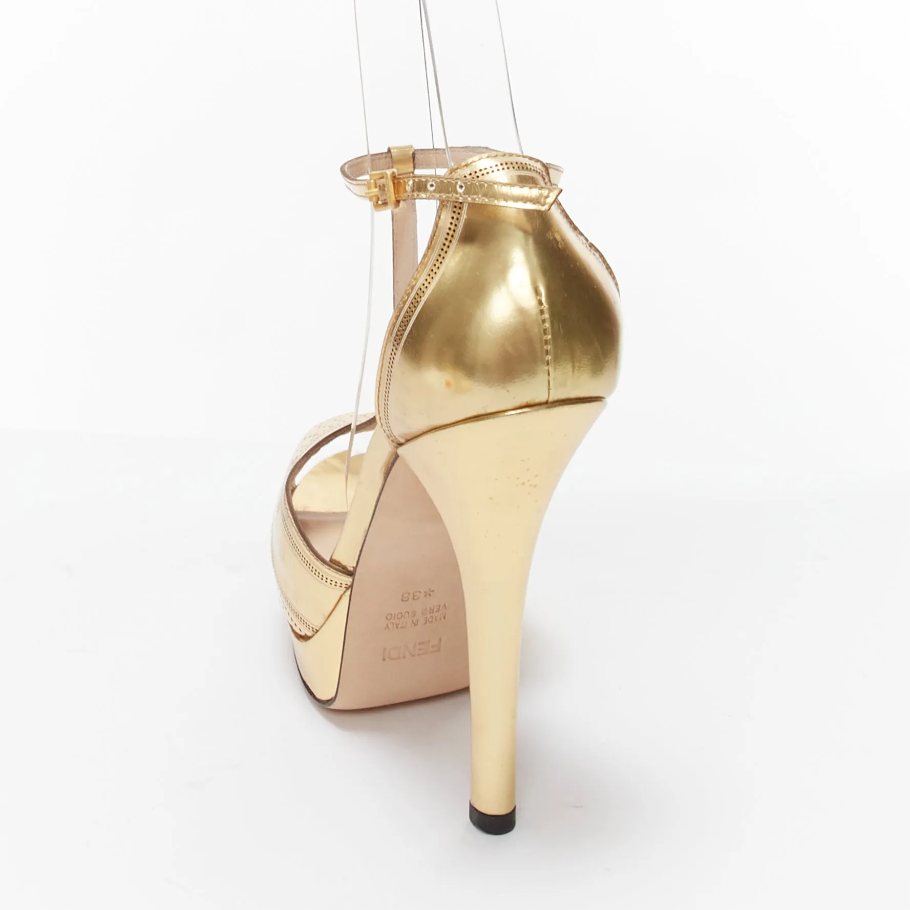 FENDI Flo metallic gold leather perforated tstrap peep toe platforms EU38