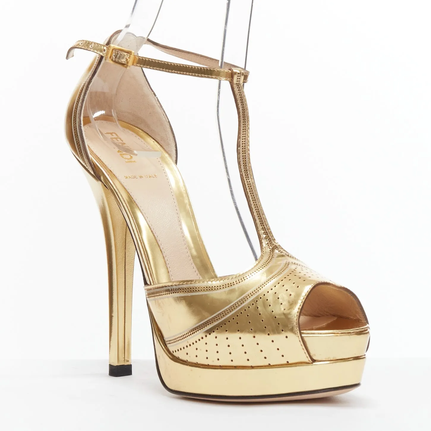 FENDI Flo metallic gold leather perforated tstrap peep toe platforms EU38