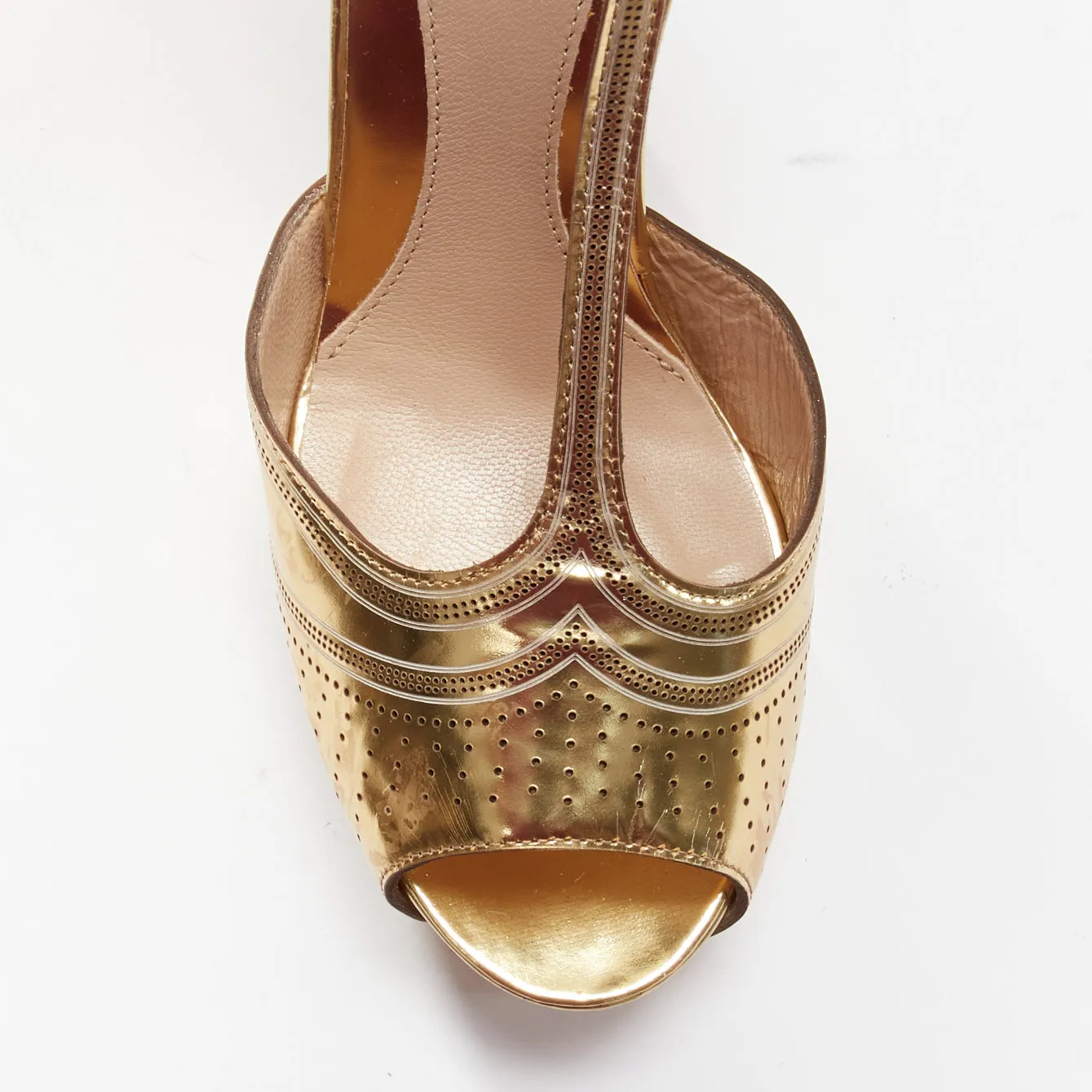 FENDI Flo metallic gold leather perforated tstrap peep toe platforms EU38