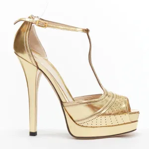 FENDI Flo metallic gold leather perforated tstrap peep toe platforms EU38