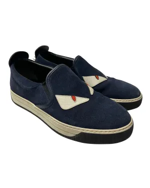 Fendi Monster 3D Eyes Slip-On Sneakers in Navy Blue Suede