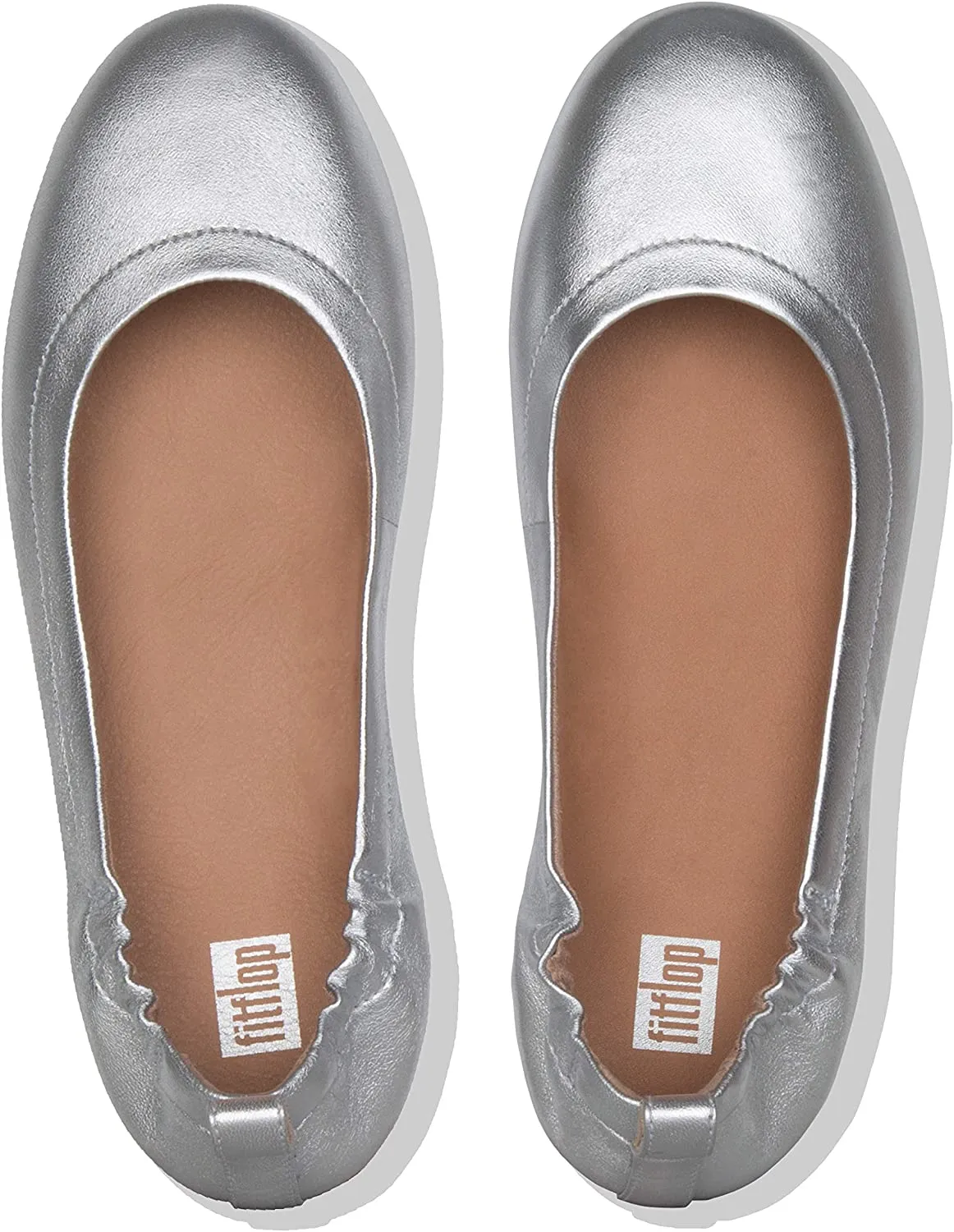 FitFlop Allegro Silver Rounded Toe Slip On Stretchy Leather Slip On Ballet Flats