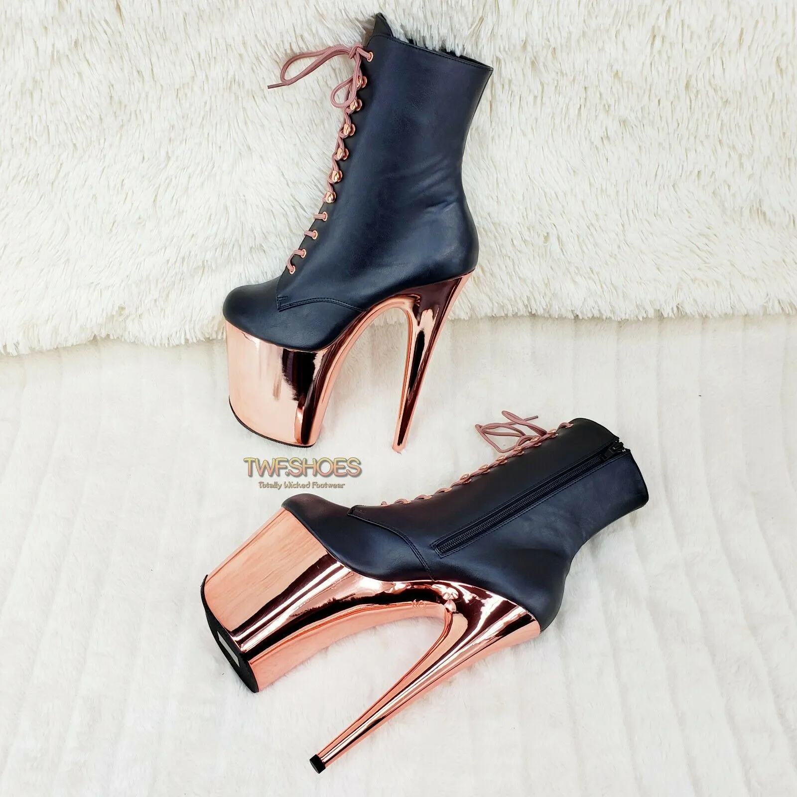 Flamingo 1020 Black Matte Rose Gold Platform 8" Heel Ankle Boots 10 & 12 NY