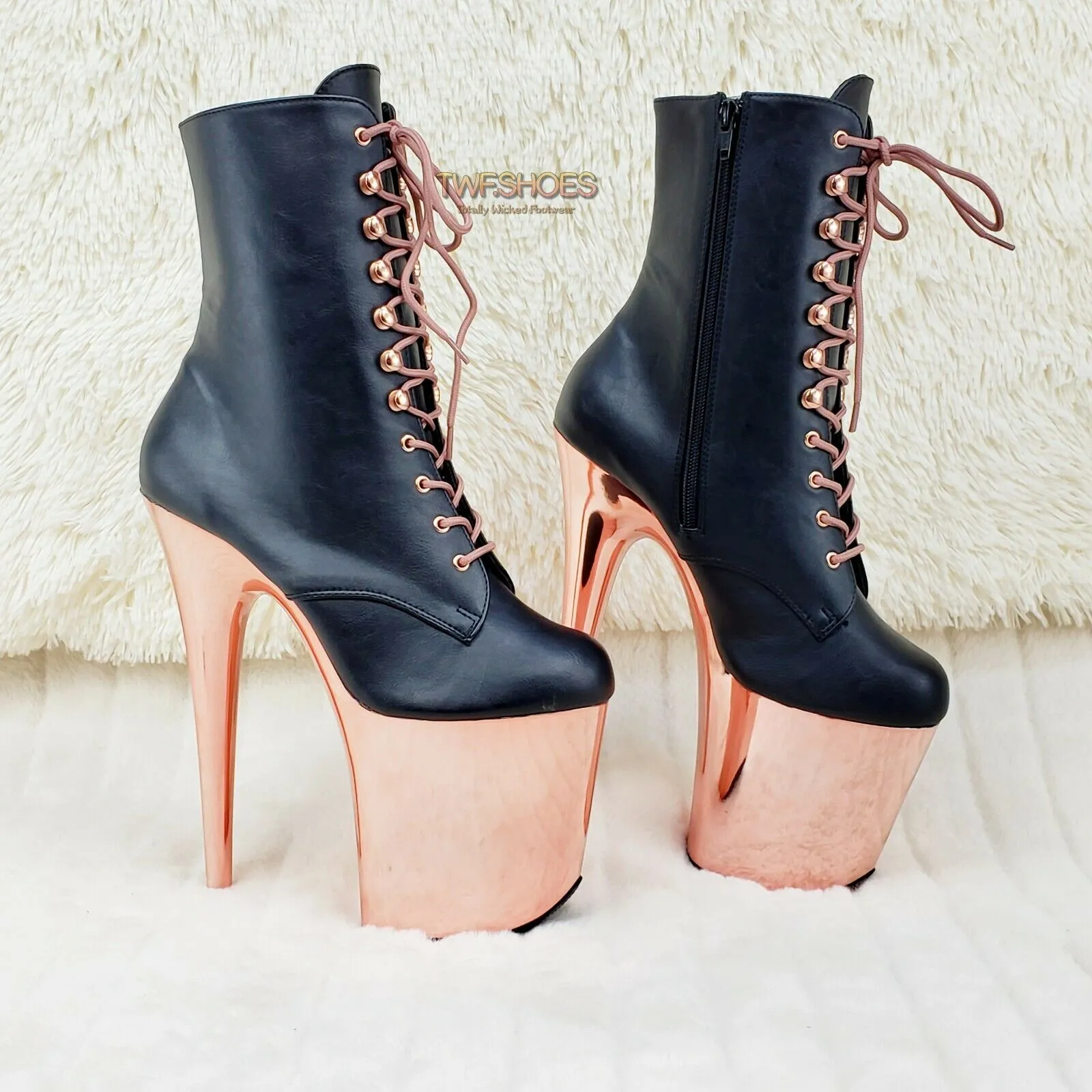 Flamingo 1020 Black Matte Rose Gold Platform 8" Heel Ankle Boots 10 & 12 NY