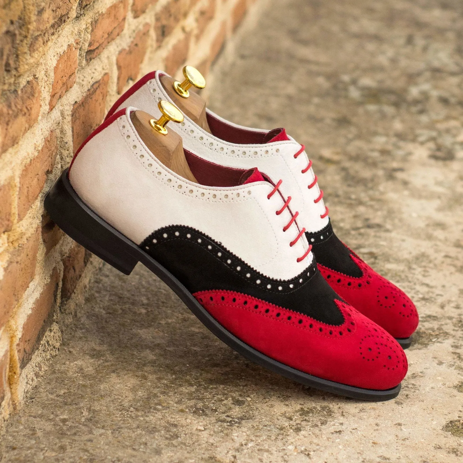 Full Brogue-Kid Suede, White, Black, Red-Wholesale