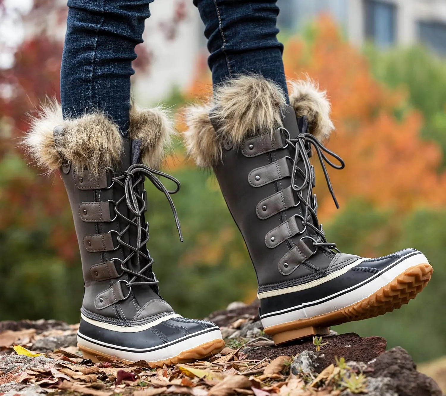 GAWBAW Winter Snow Boots for Women - Waterproof Duck Boots Fur Lined Snow Booties Rain Boots For Women