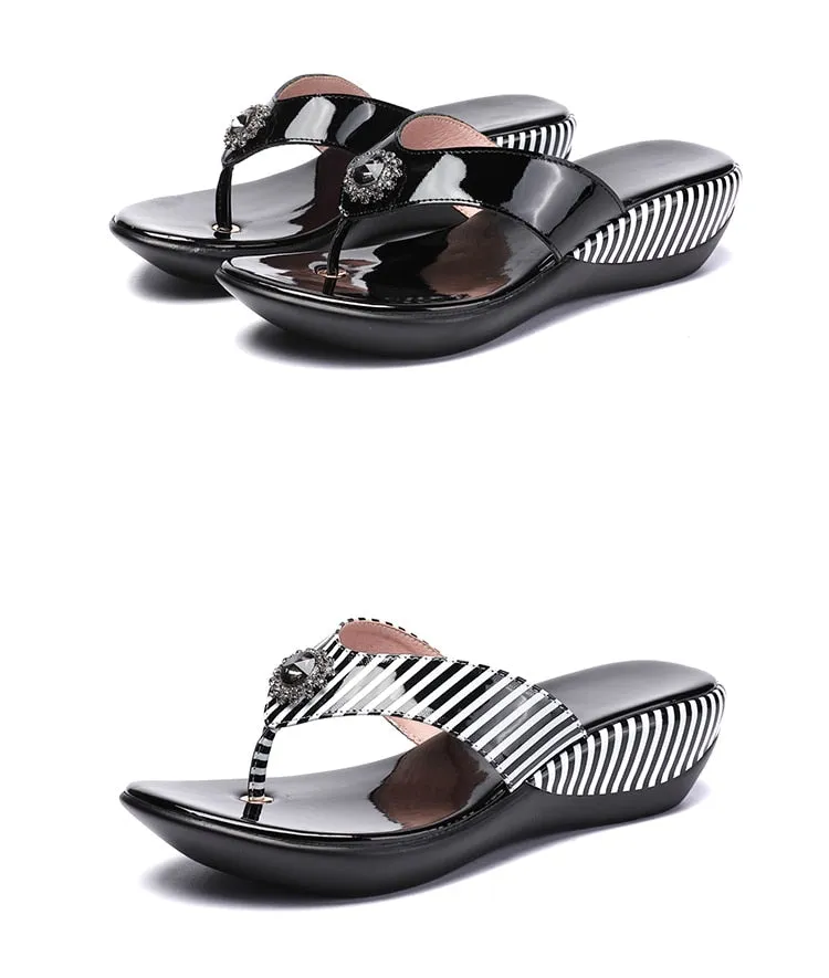 Genuine Leather Wedge Flip Flops
