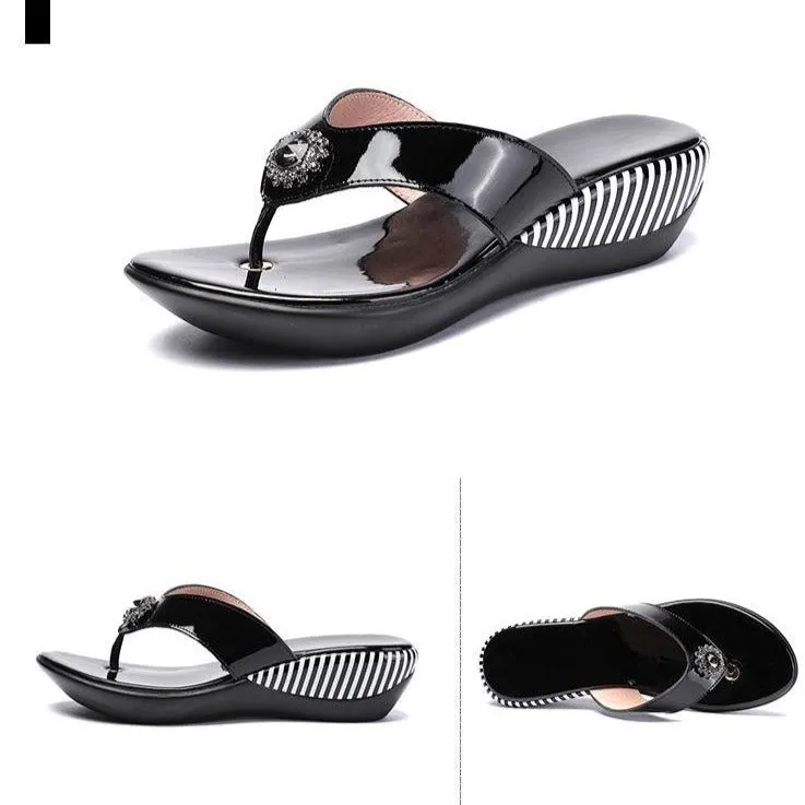 Genuine Leather Wedge Flip Flops