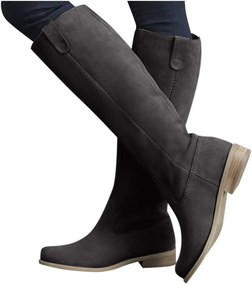 Gibobby Winter Boots for Women,Women's Knee Length Boots Retro Combat Knight Boots Closed Toe Motorcycle Low Heel Outdoor Waterproof Western Shoes