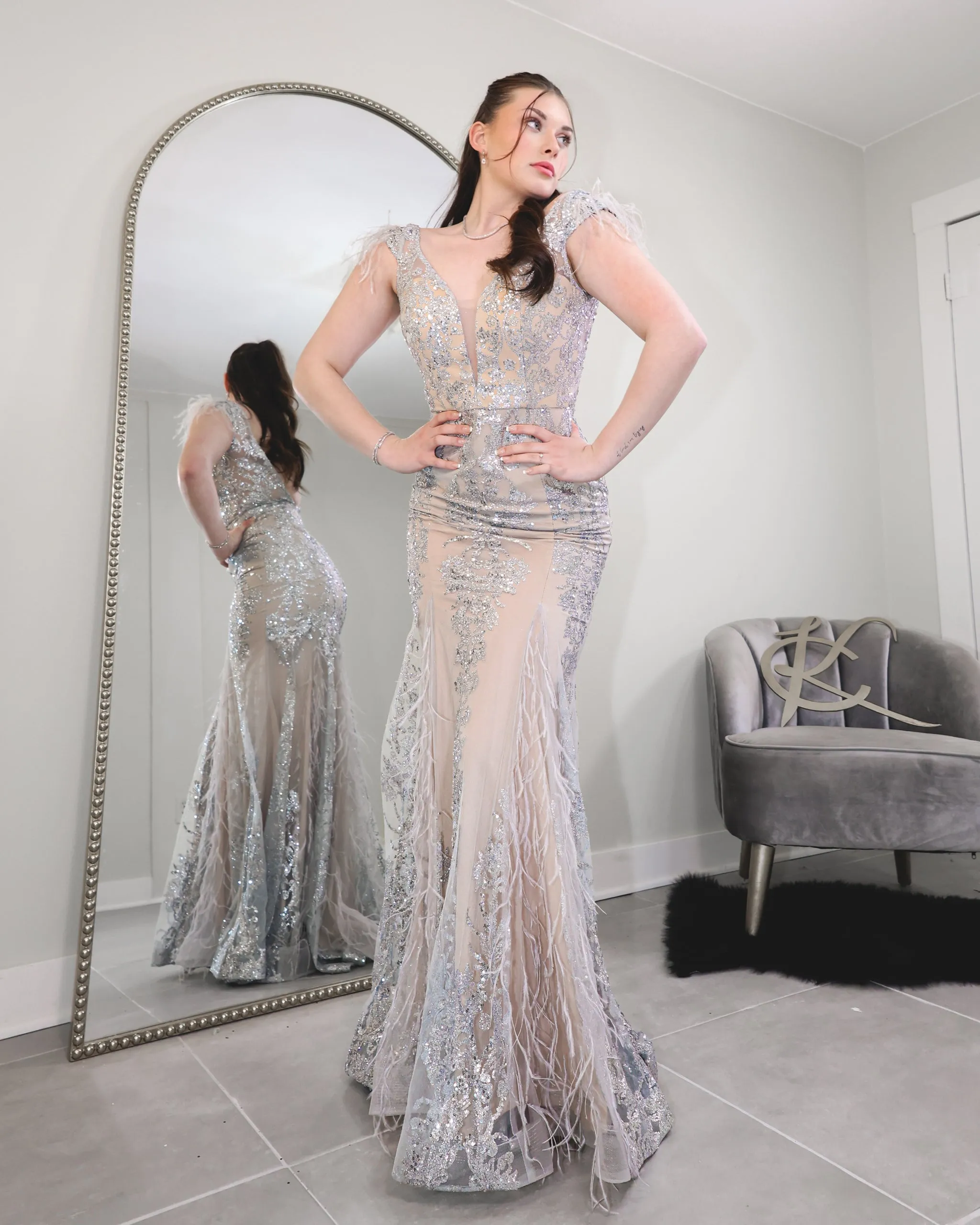 Gilded Feather Sequin Evening Gown