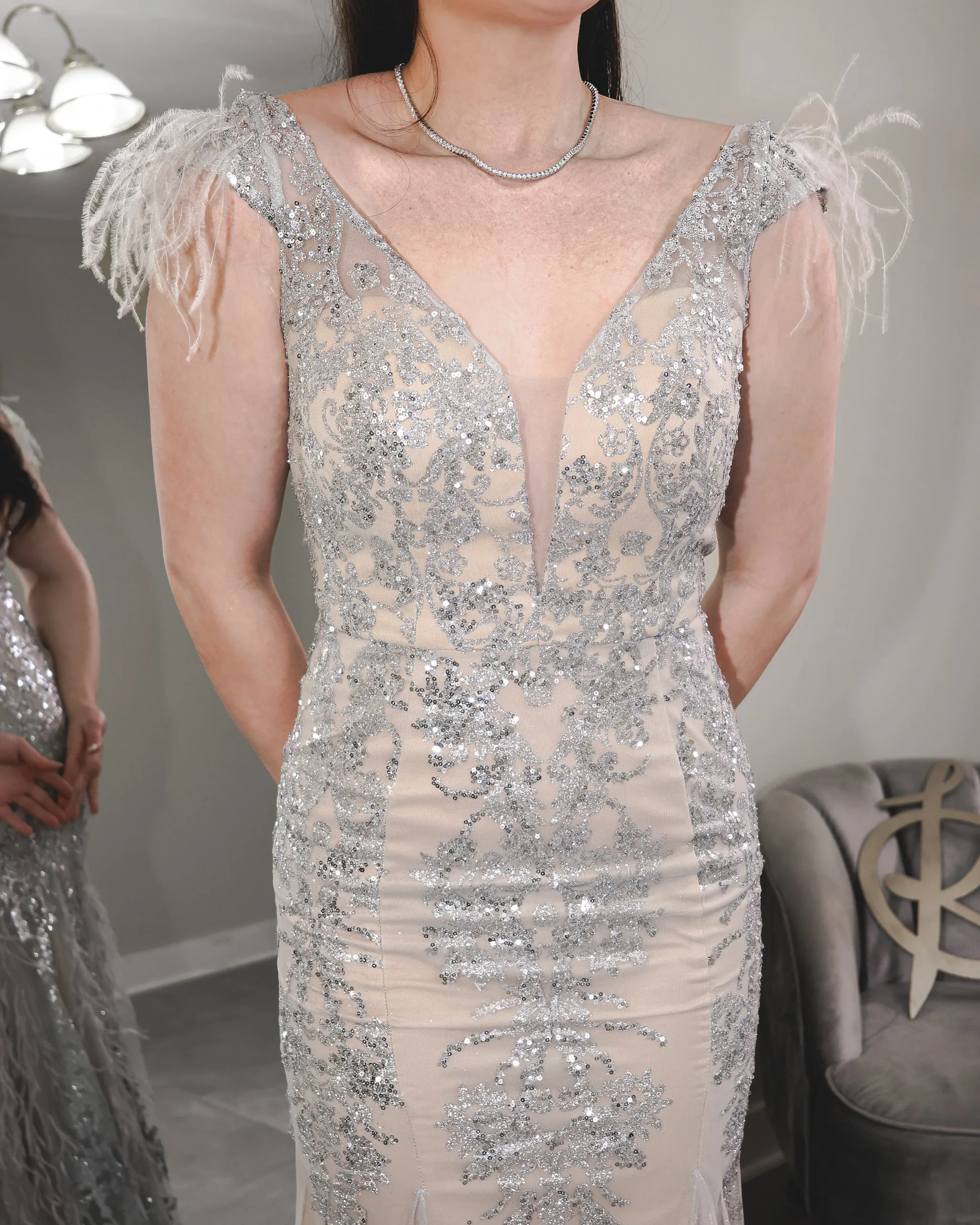 Gilded Feather Sequin Evening Gown