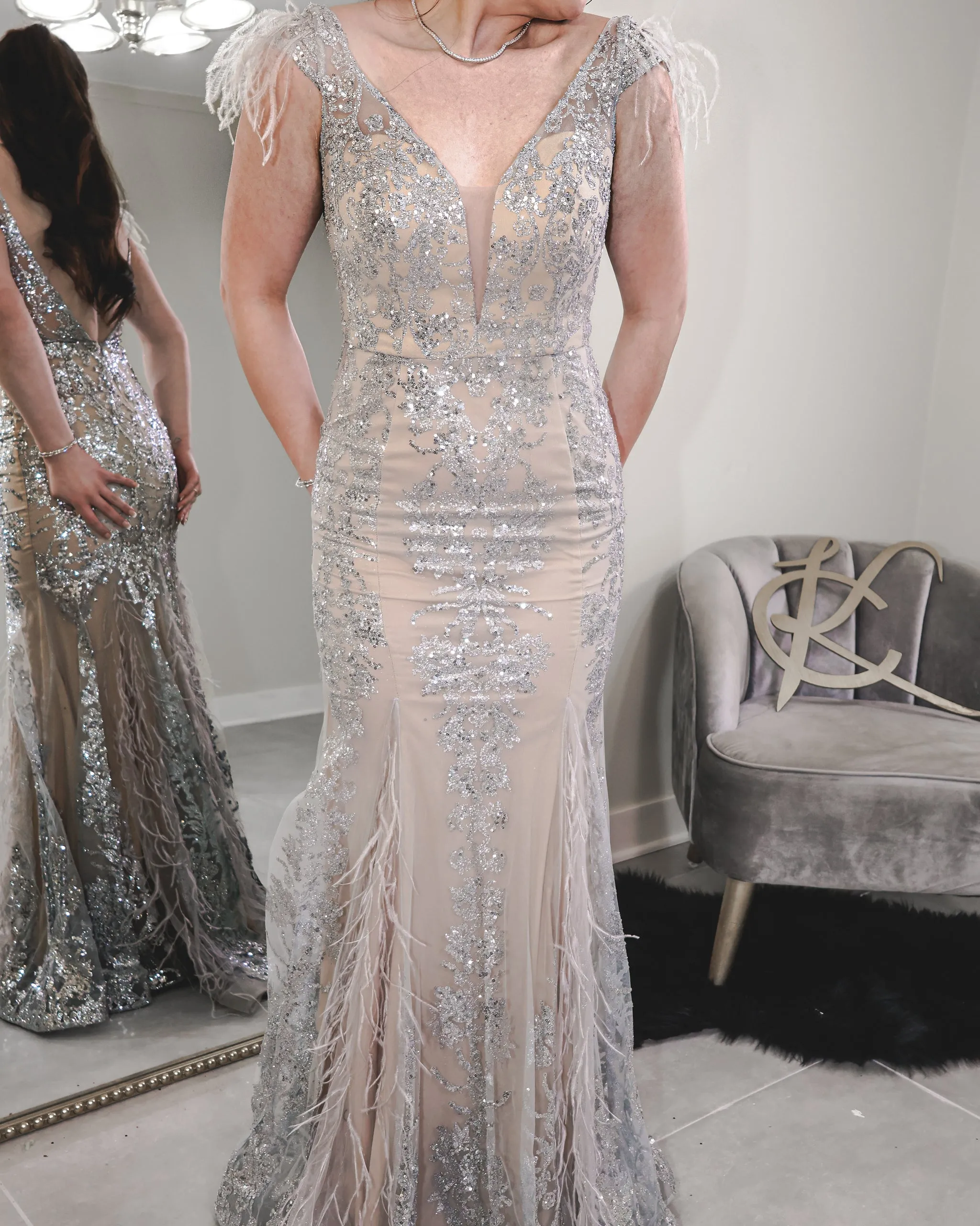Gilded Feather Sequin Evening Gown