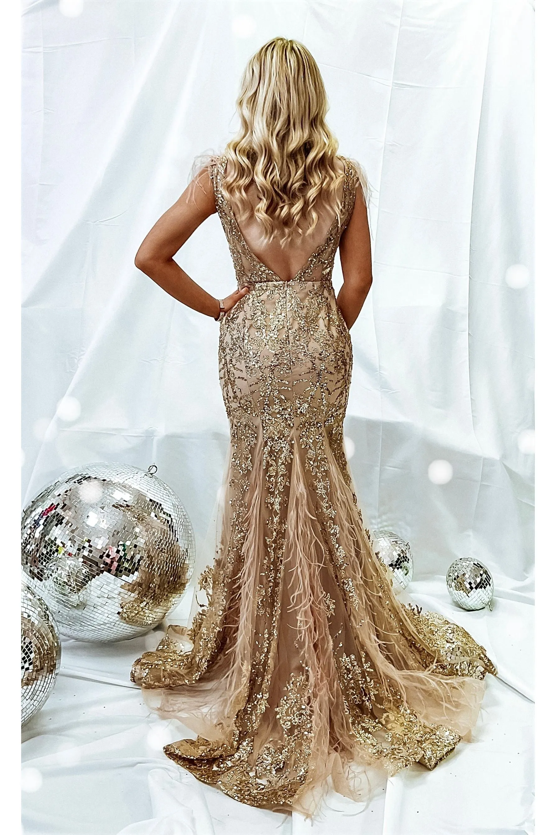 Gilded Feather Sequin Evening Gown