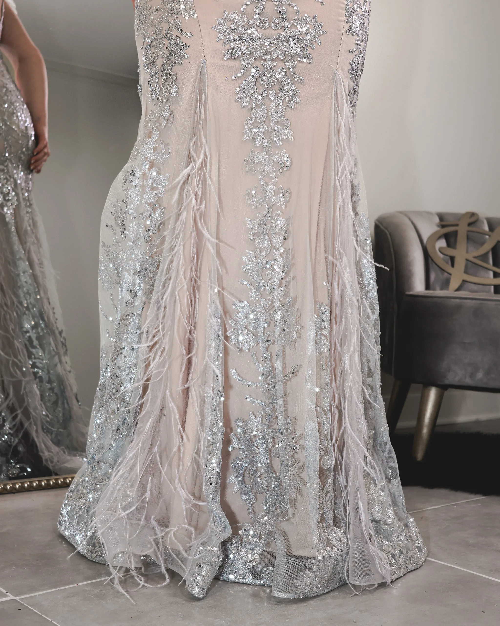 Gilded Feather Sequin Evening Gown