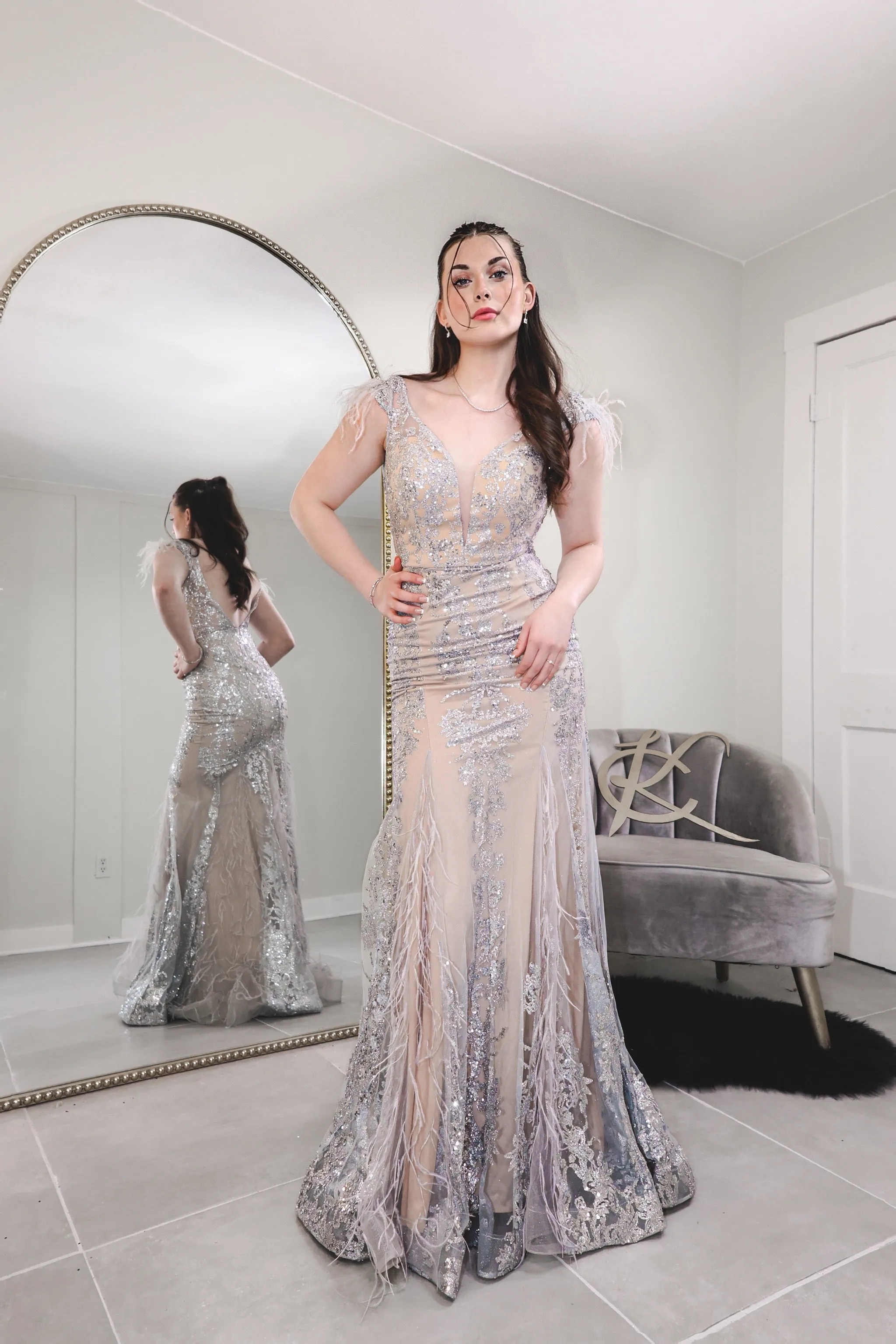 Gilded Feather Sequin Evening Gown