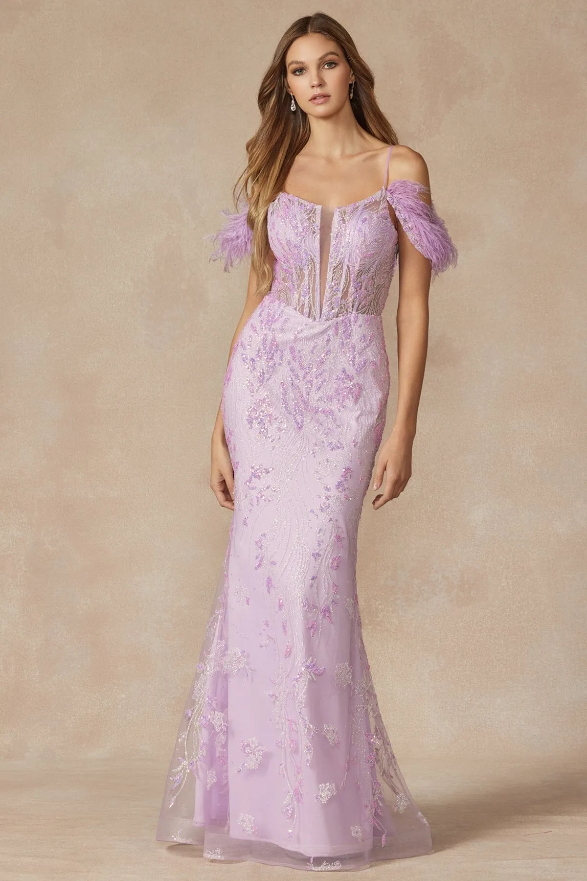 Glitter Off Shoulder Feather Corset Gown by Juliet 288