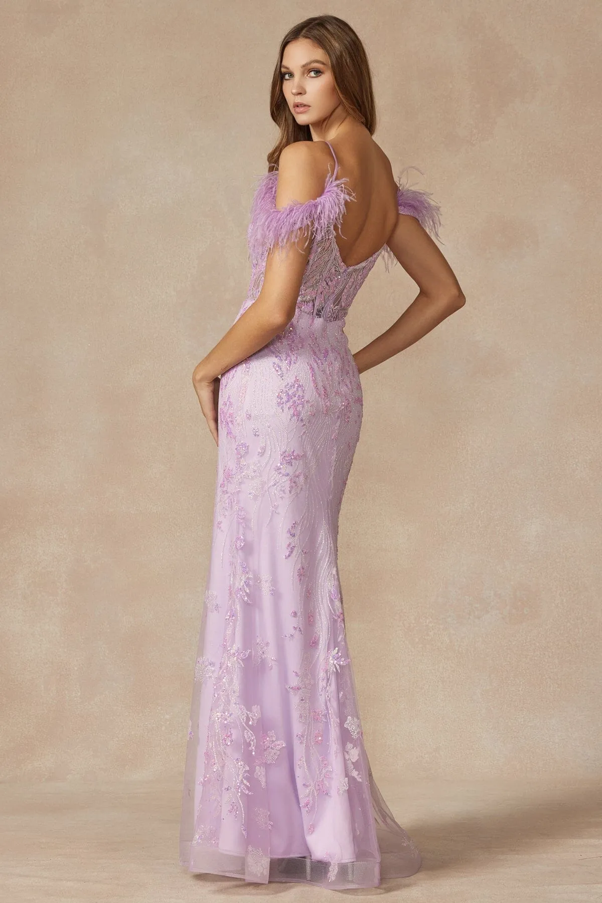 Glitter Off Shoulder Feather Corset Gown by Juliet 288