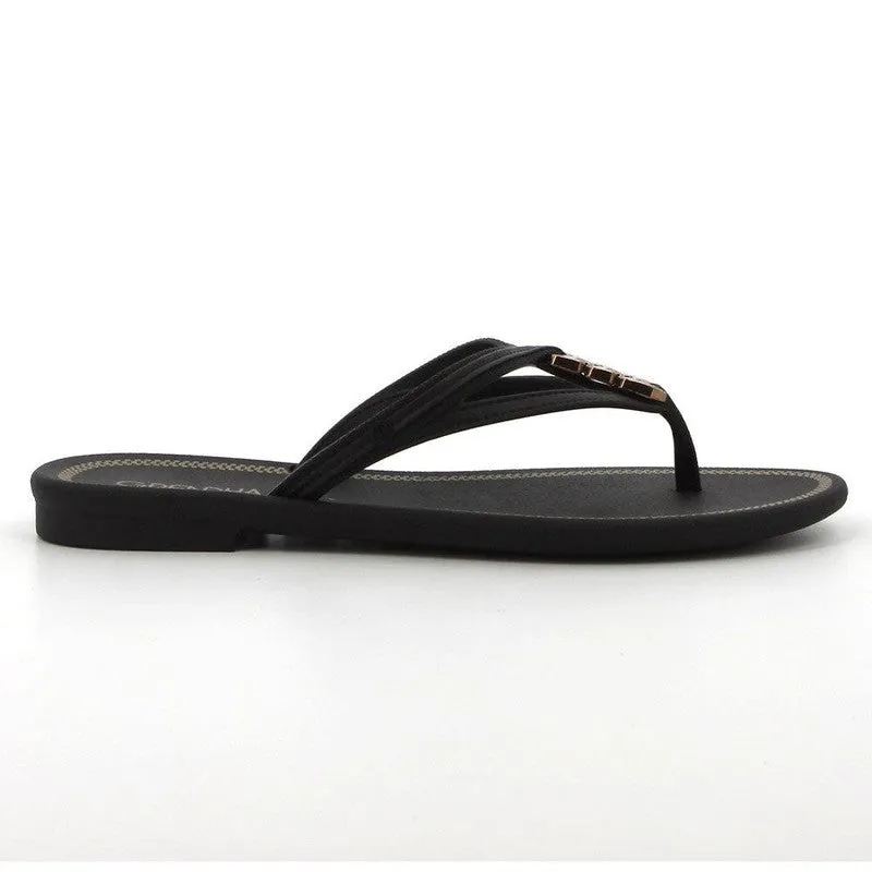 Grendha Thong Sandals with Gold Trim - Black