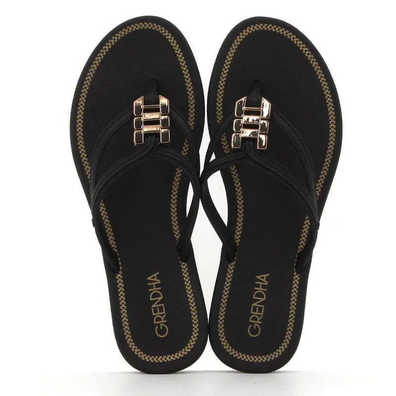 Grendha Thong Sandals with Gold Trim - Black